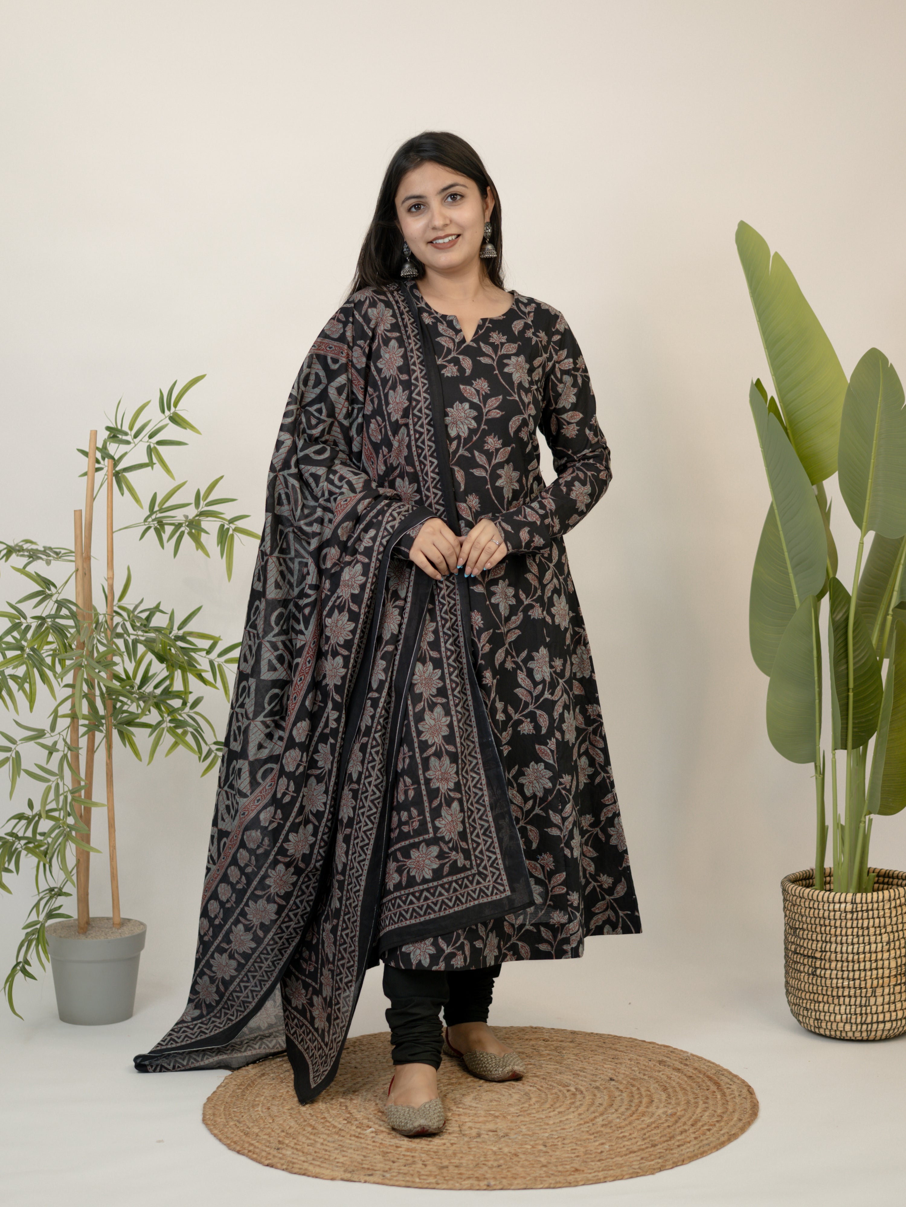 Swara Black Cotton Handblock Floral Anarkali Dupatta Set