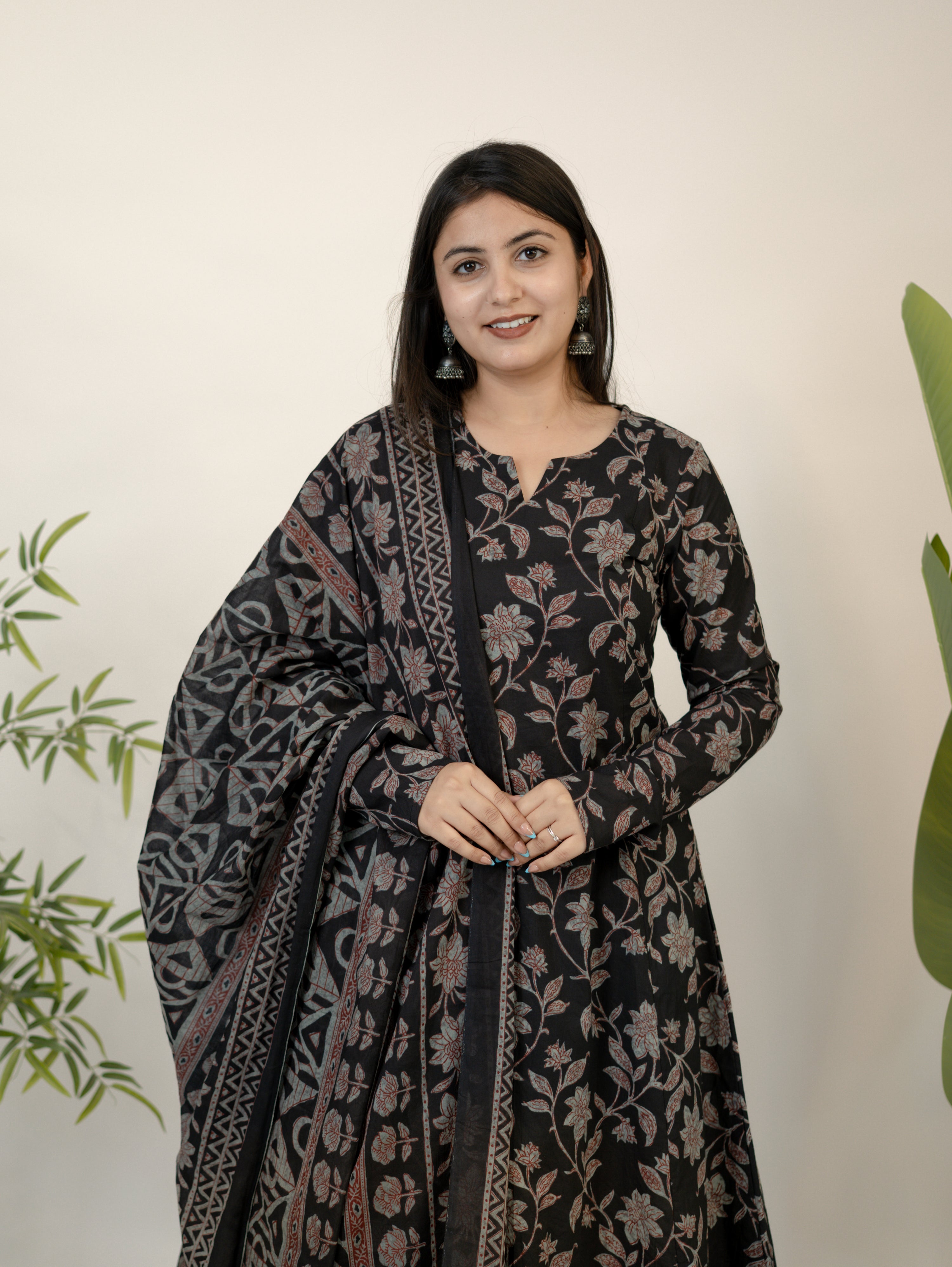 Swara Black Cotton Handblock Floral Anarkali Dupatta Set