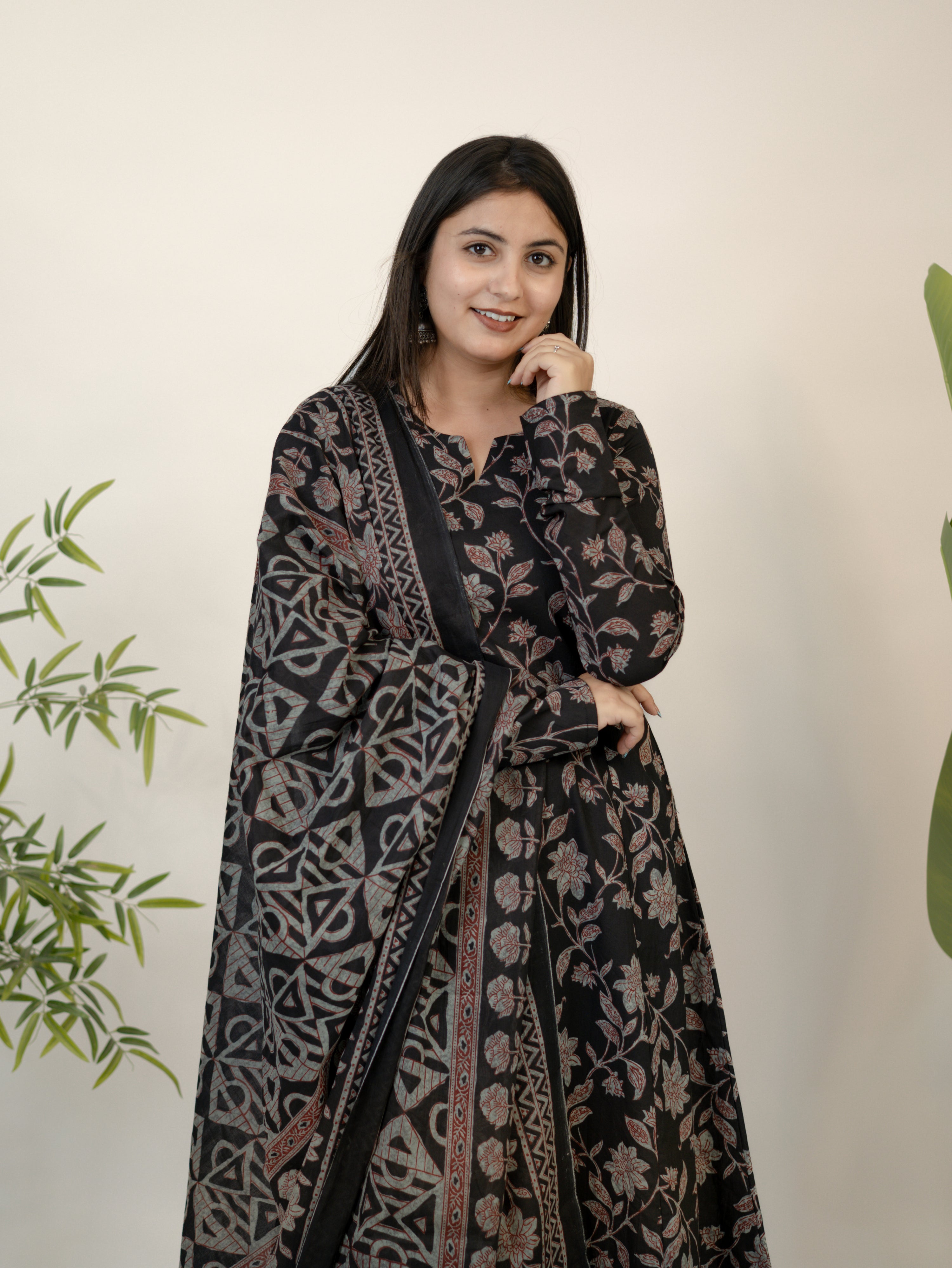 Swara Black Cotton Handblock Floral Anarkali Dupatta Set