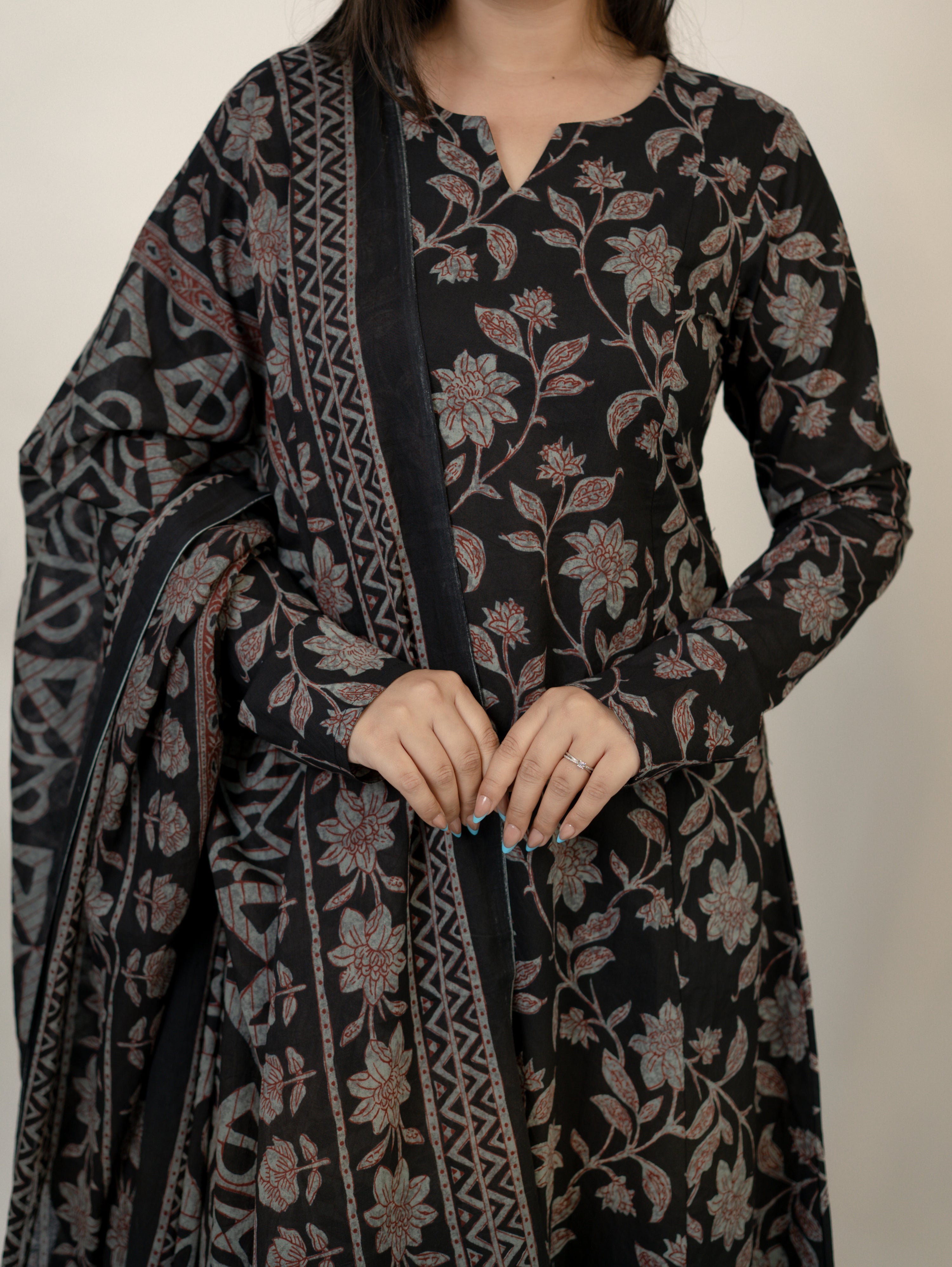 Swara Black Cotton Handblock Floral Anarkali Dupatta Set