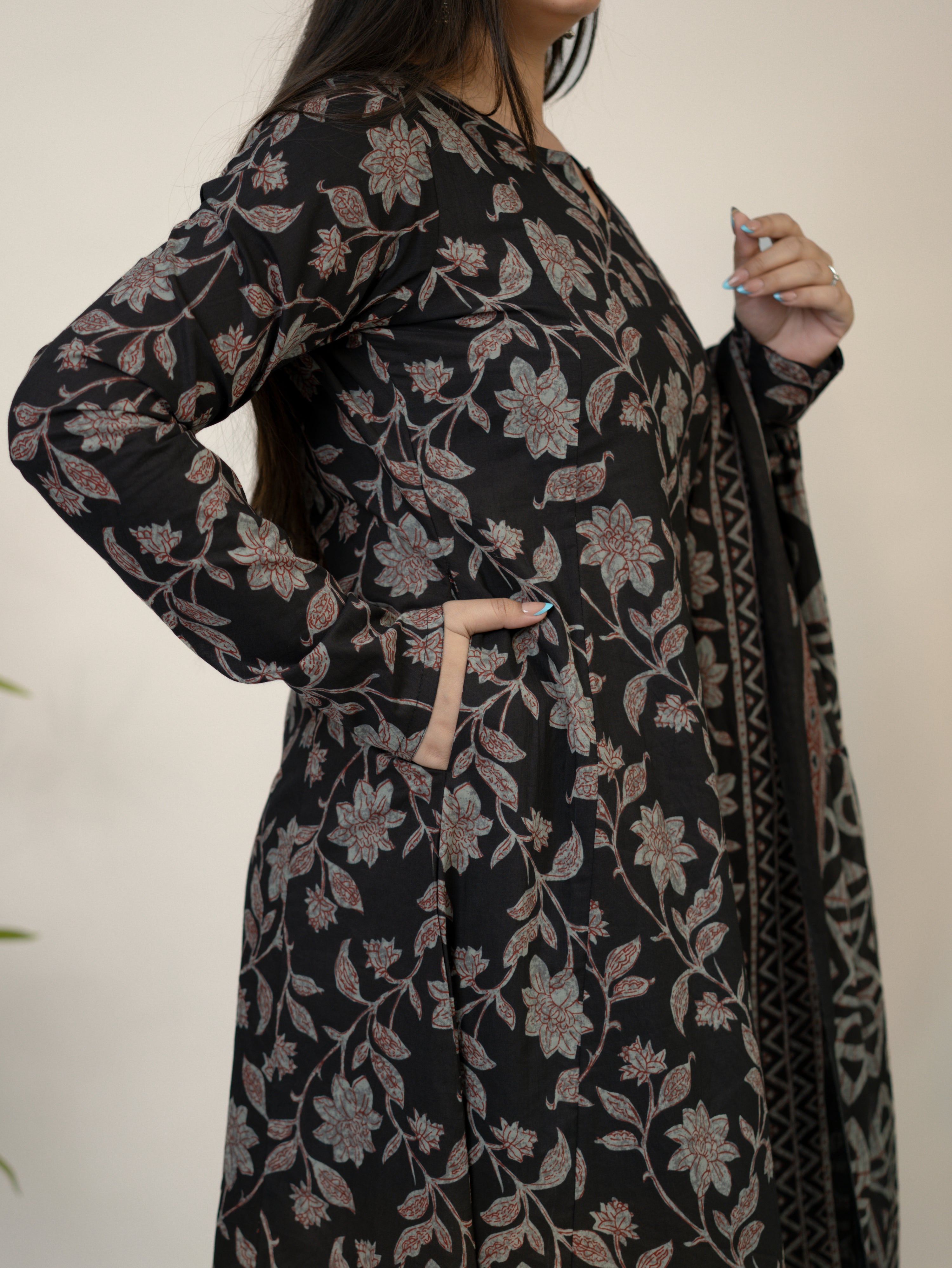 Swara Black Cotton Handblock Floral Anarkali Dupatta Set
