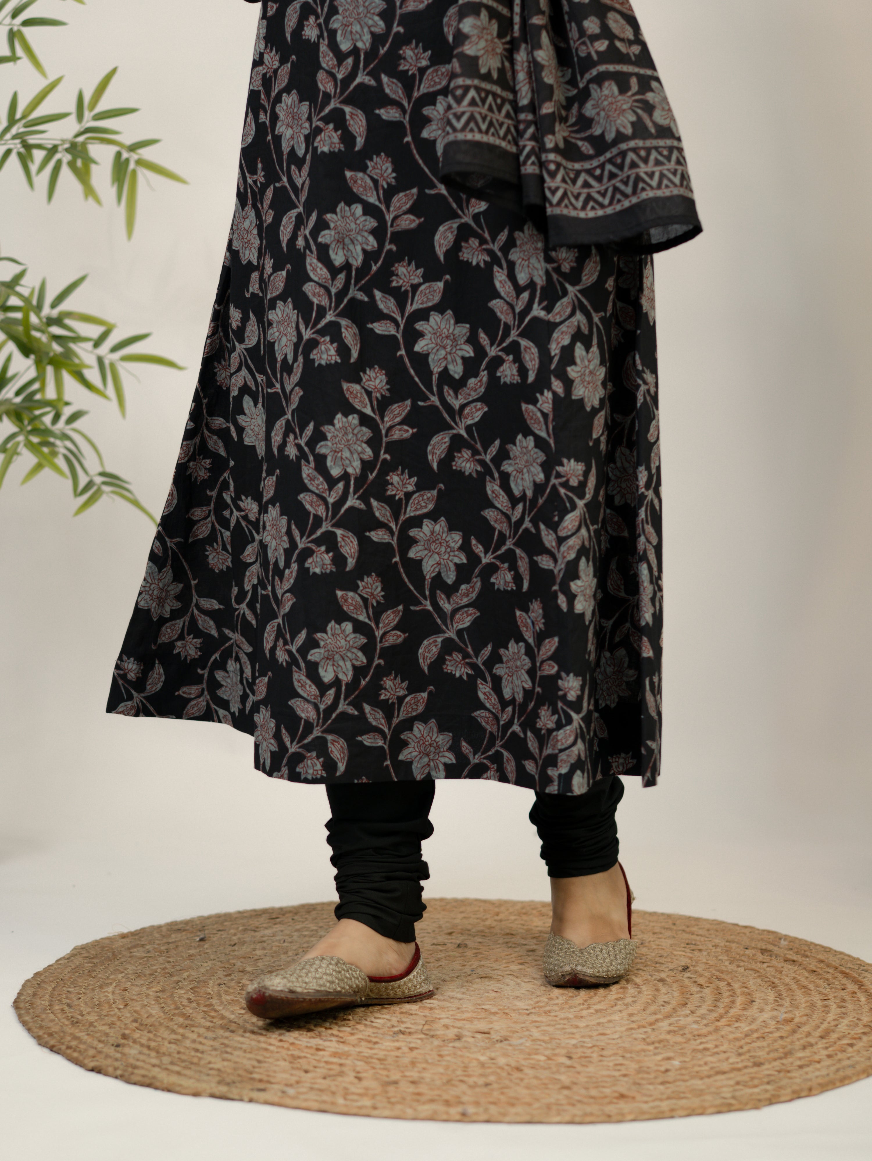Swara Black Cotton Handblock Floral Anarkali Dupatta Set