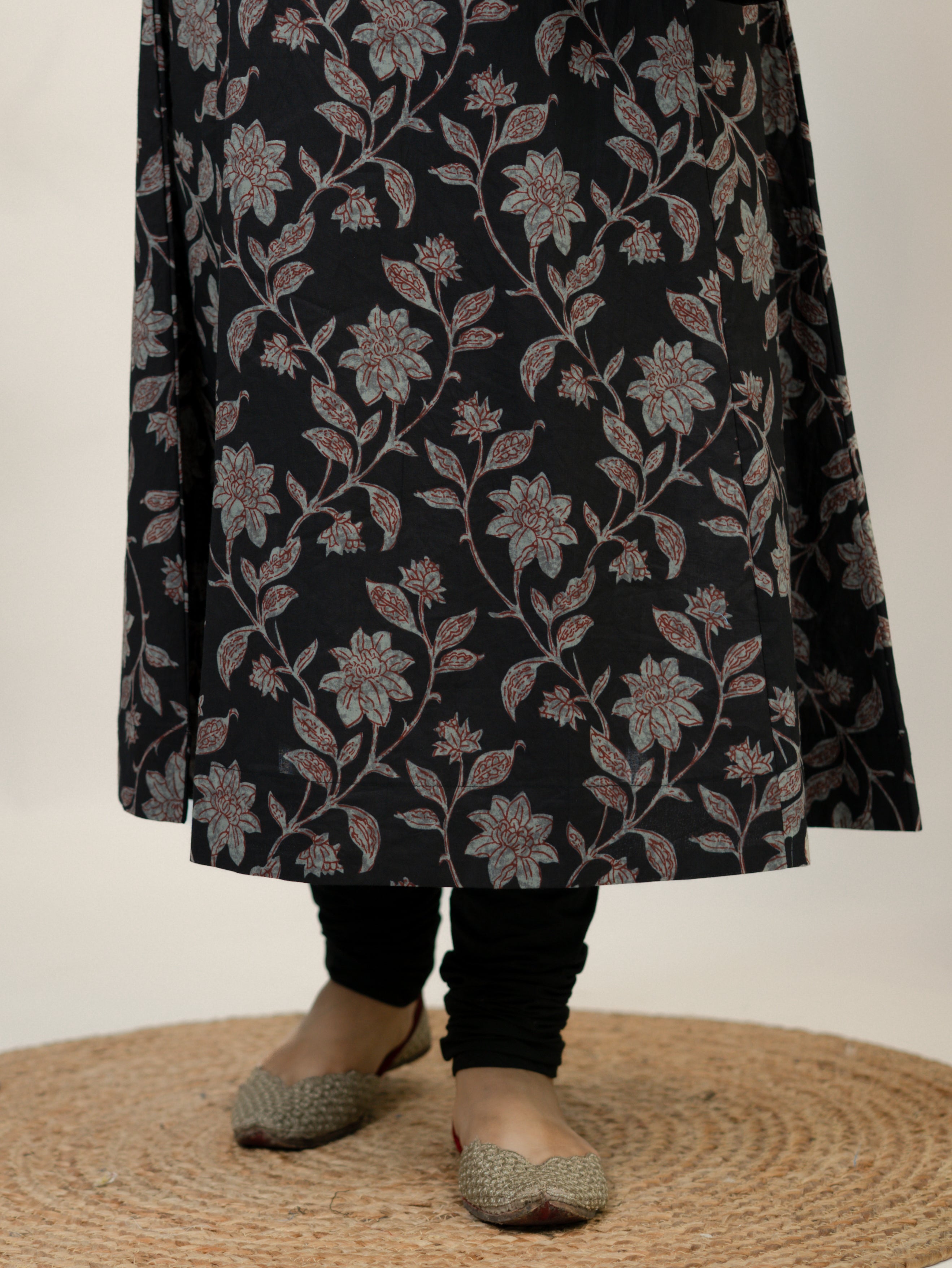 Swara Black Cotton Handblock Floral Anarkali Dupatta Set