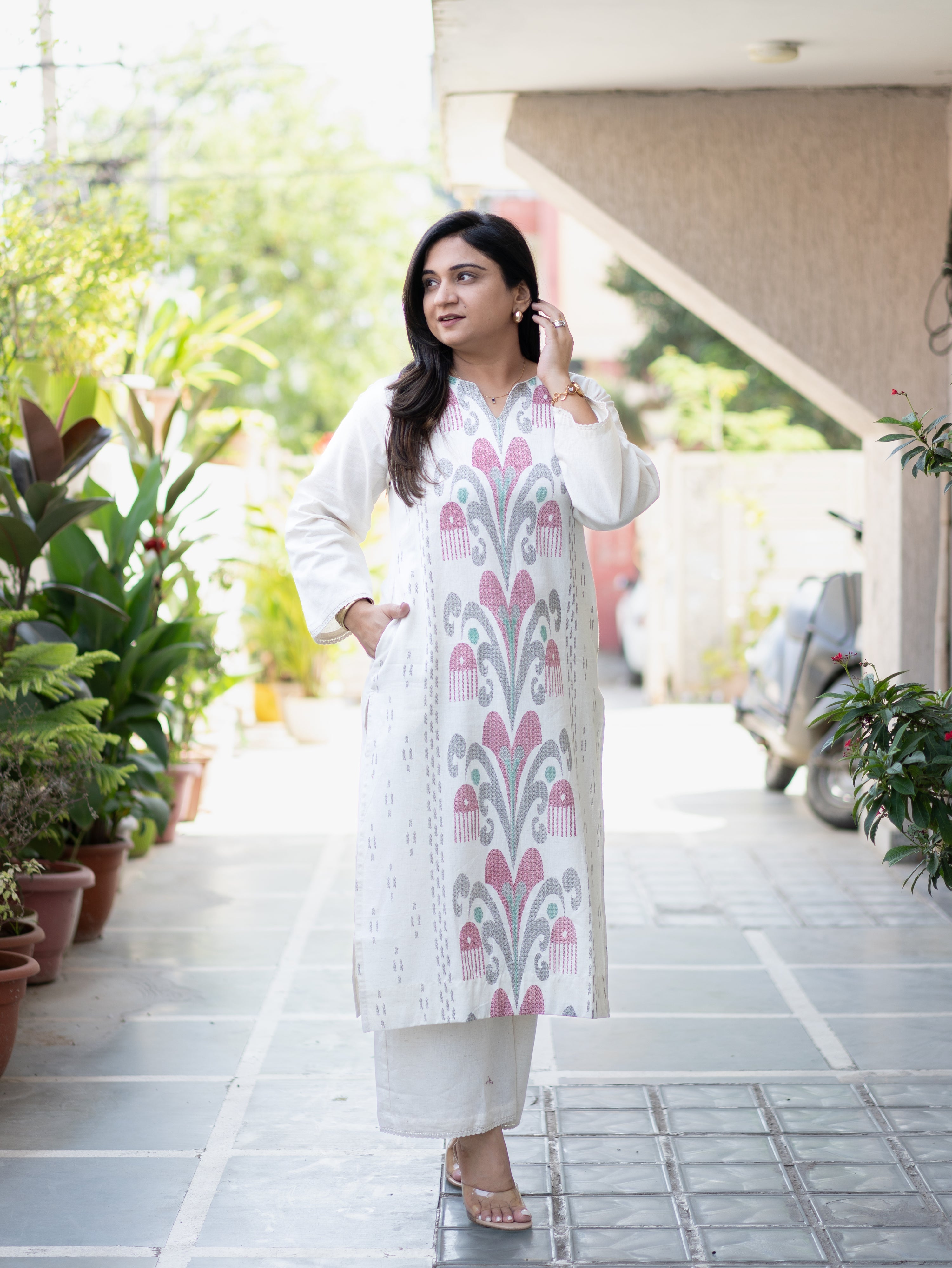 Nancy Offwhite-Black Ikkat A-line Cotton Kurta Set