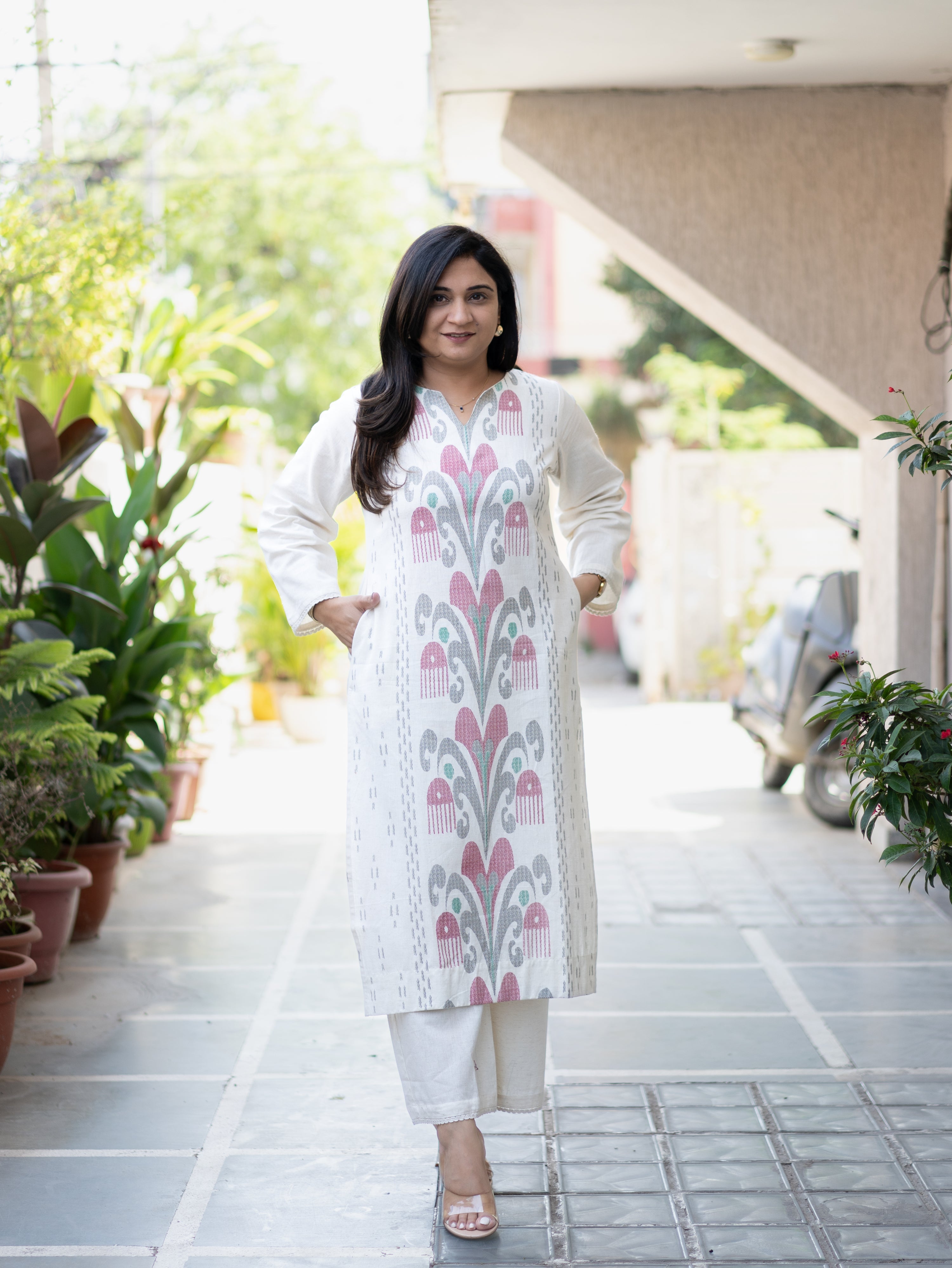 Nancy Offwhite-Black Ikkat A-line Cotton Kurta Set