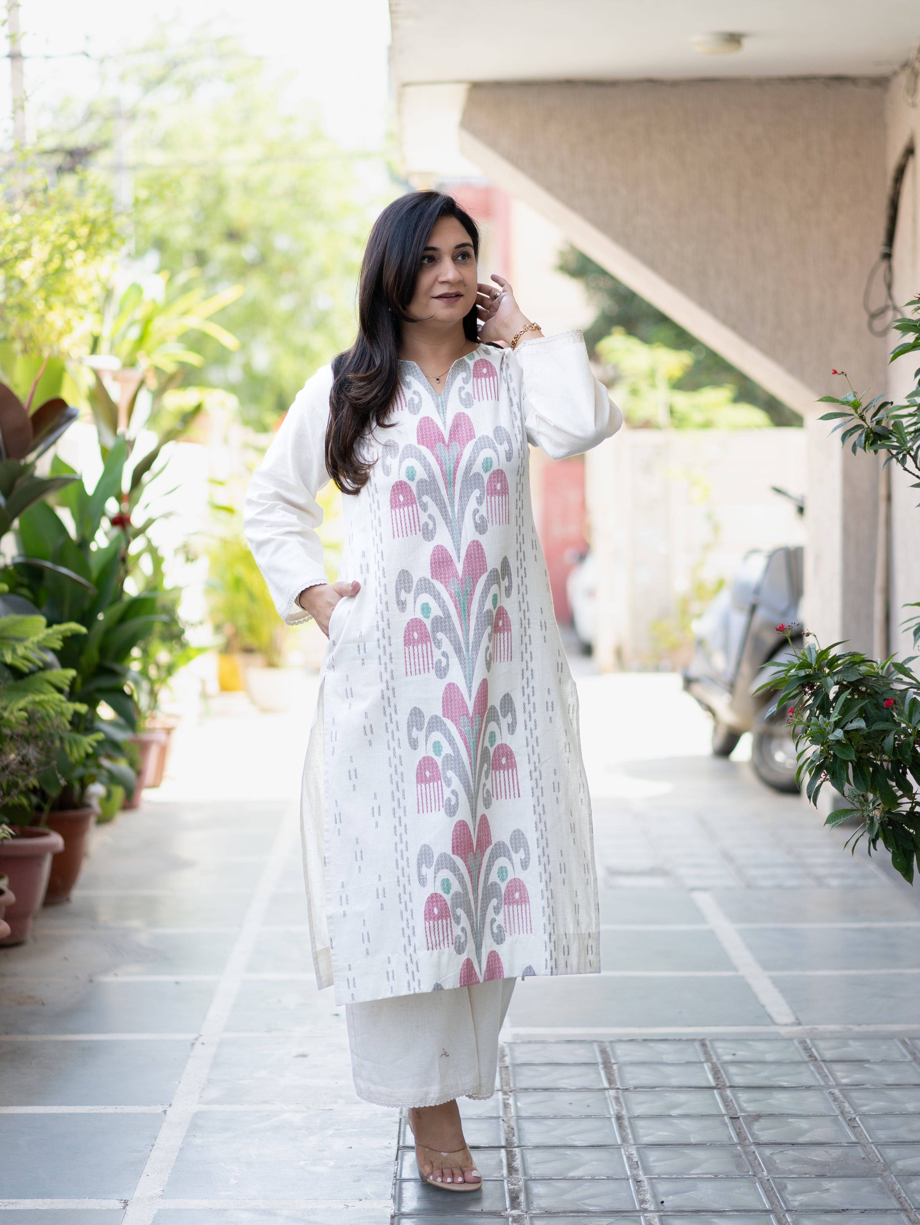 Nancy Offwhite-Black Ikkat A-line Cotton Kurta Set