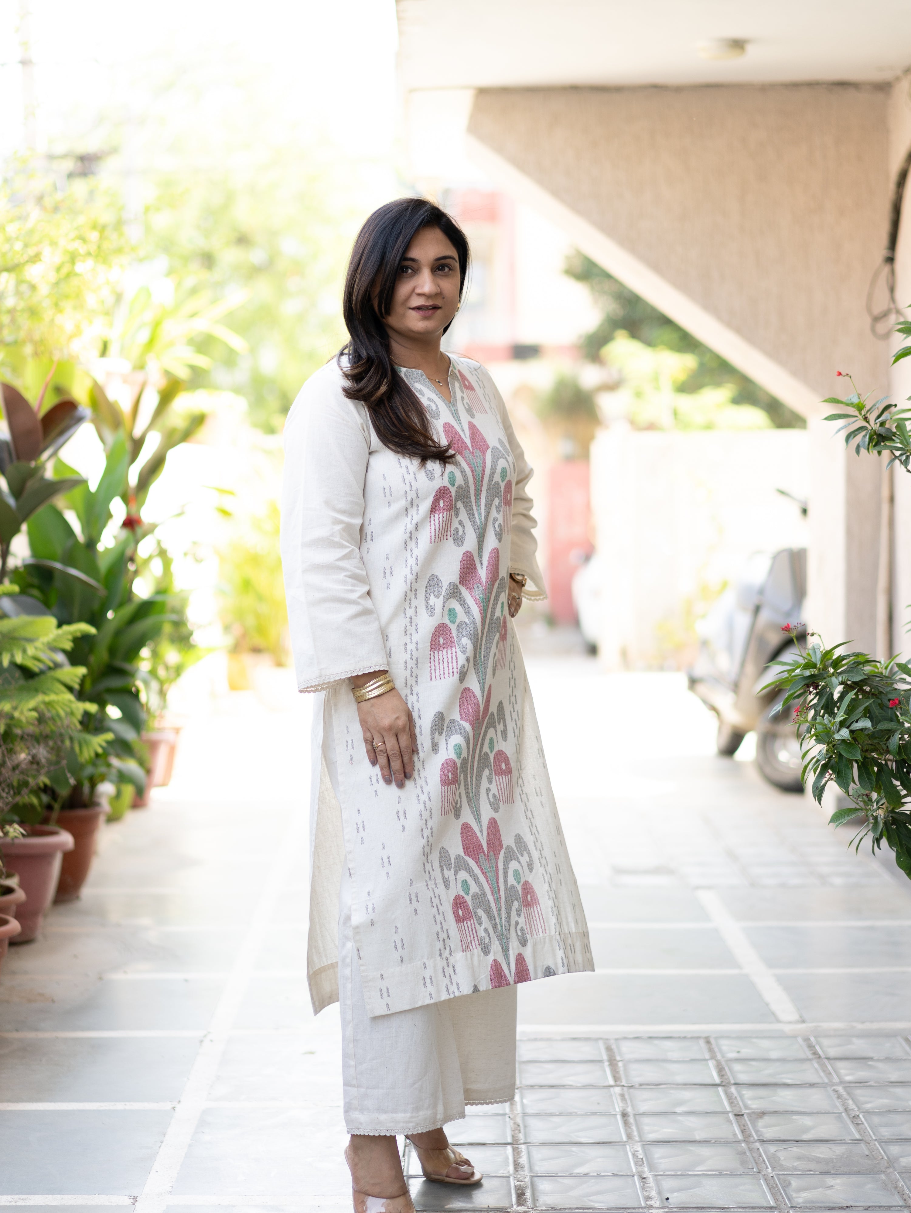 Nancy Offwhite-Black Ikkat A-line Cotton Kurta Set