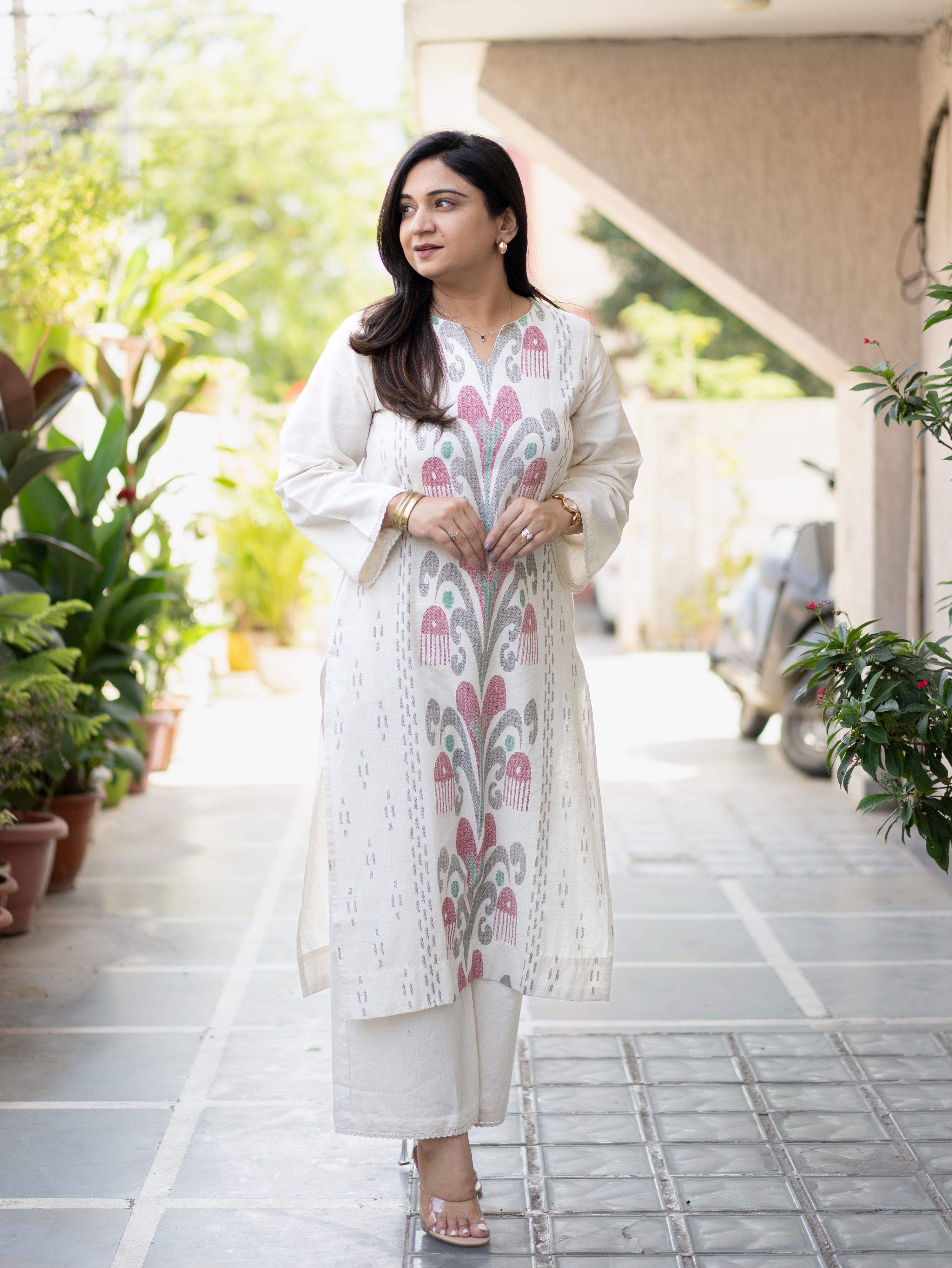 Nancy Offwhite-Black Ikkat A-line Cotton Kurta Set