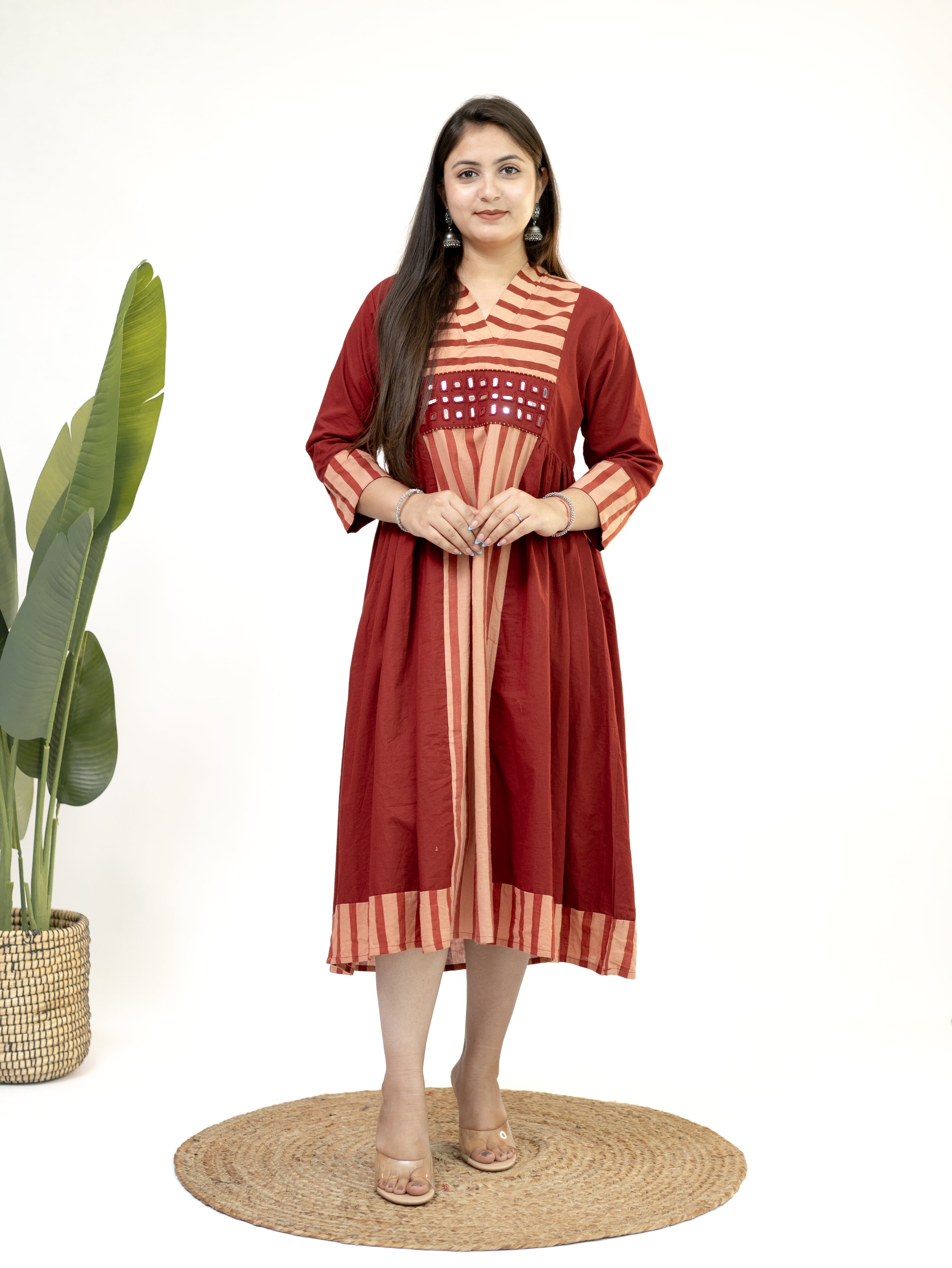 Yashvi Red Cotton Handblock Kutch Embroidered A-line Kurta