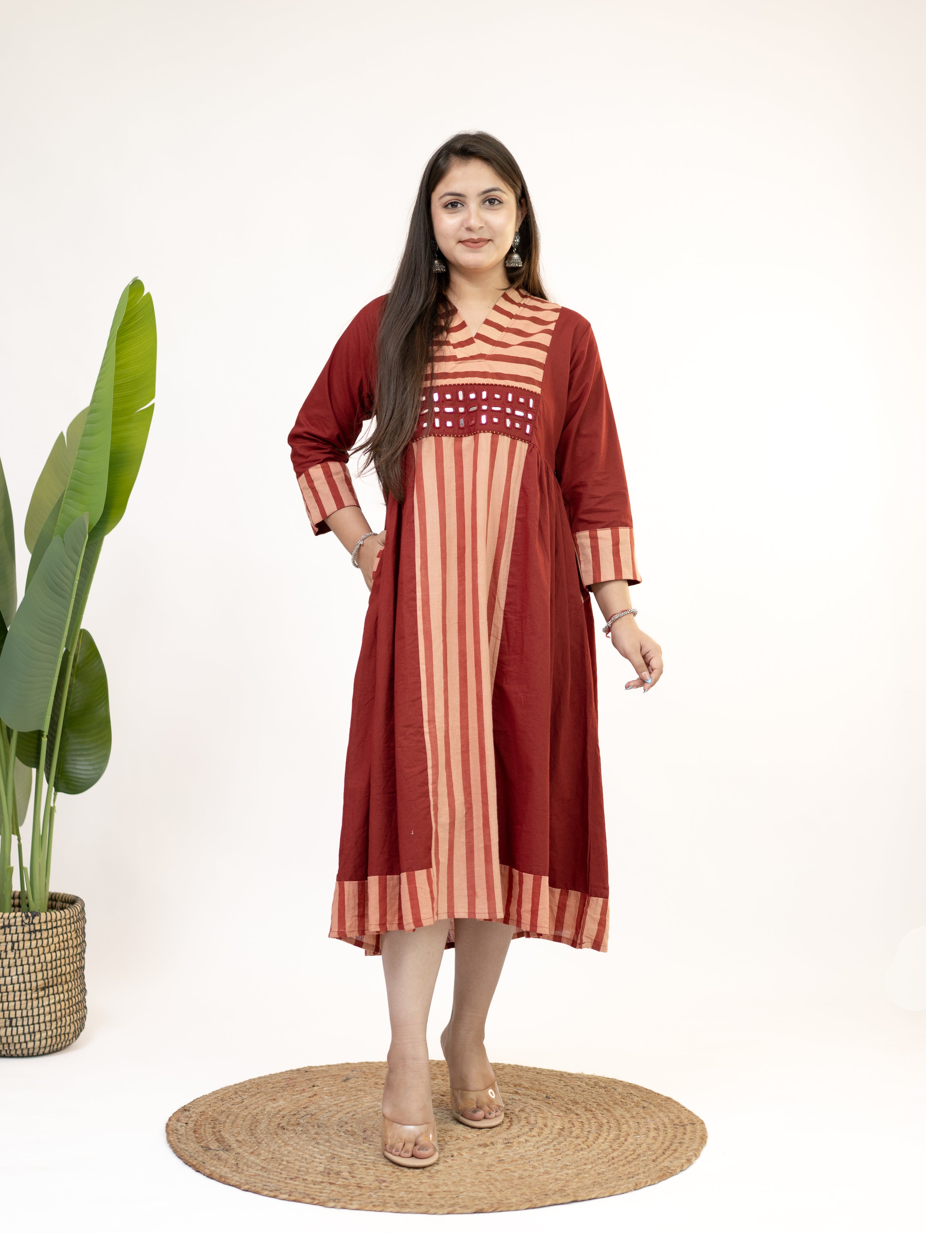 Yashvi Red Cotton Handblock Kutch Embroidered A-line Kurta