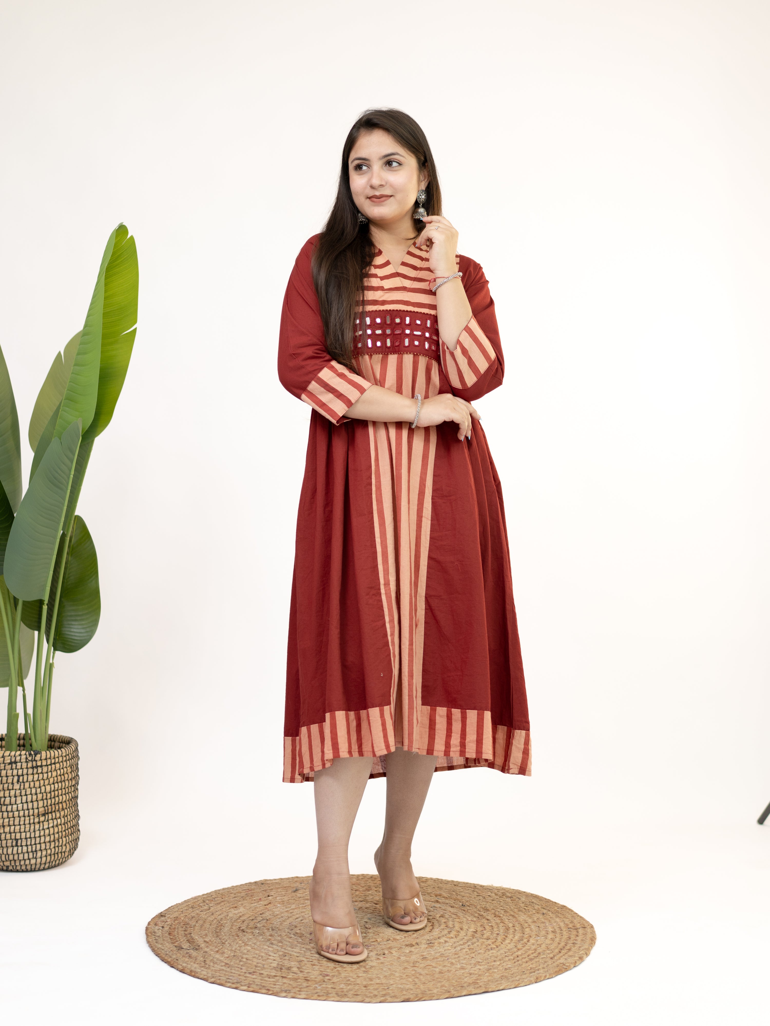 Yashvi Red Cotton Handblock Kutch Embroidered A-line Kurta