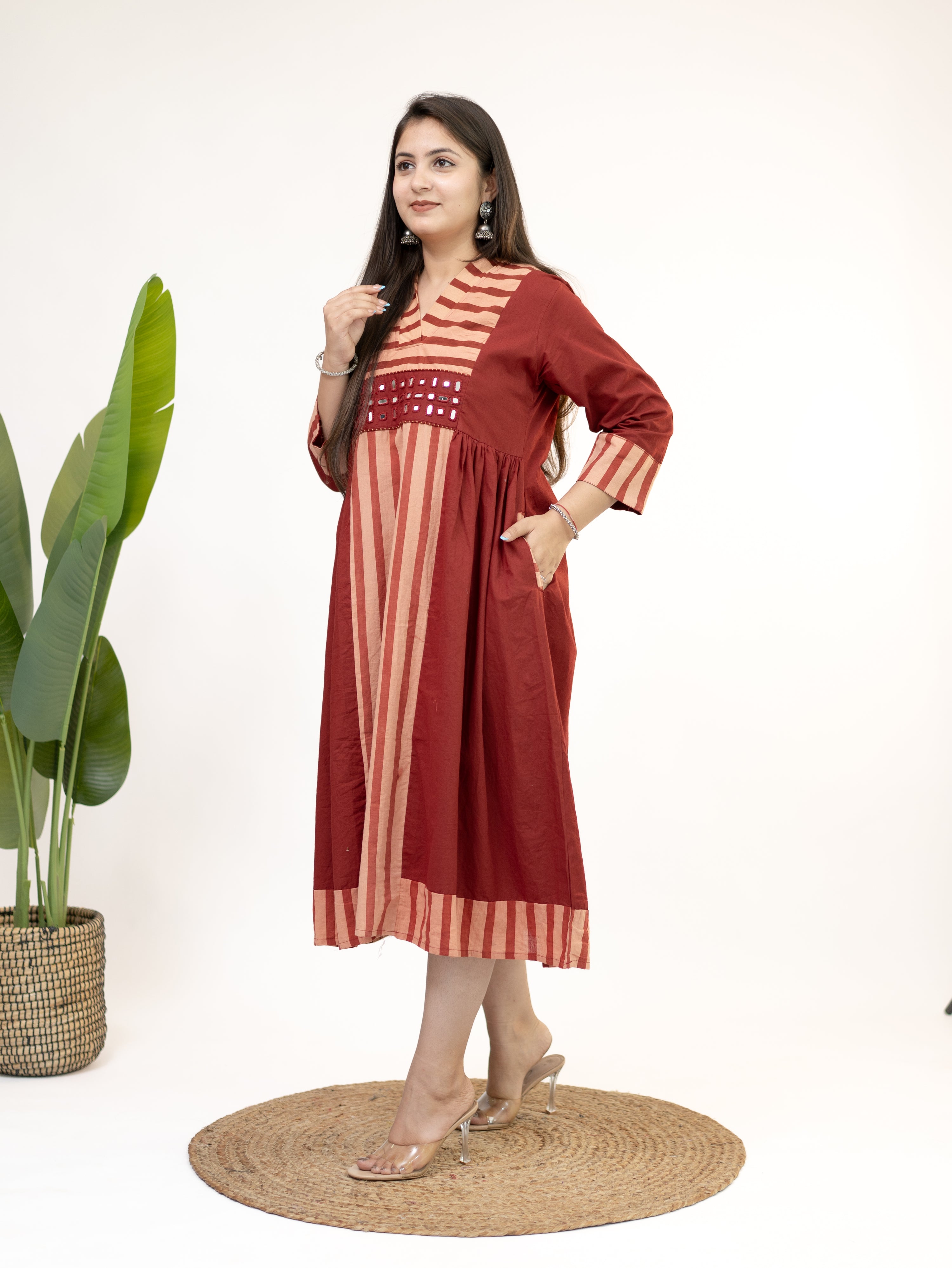 Yashvi Red Cotton Handblock Kutch Embroidered A-line Kurta