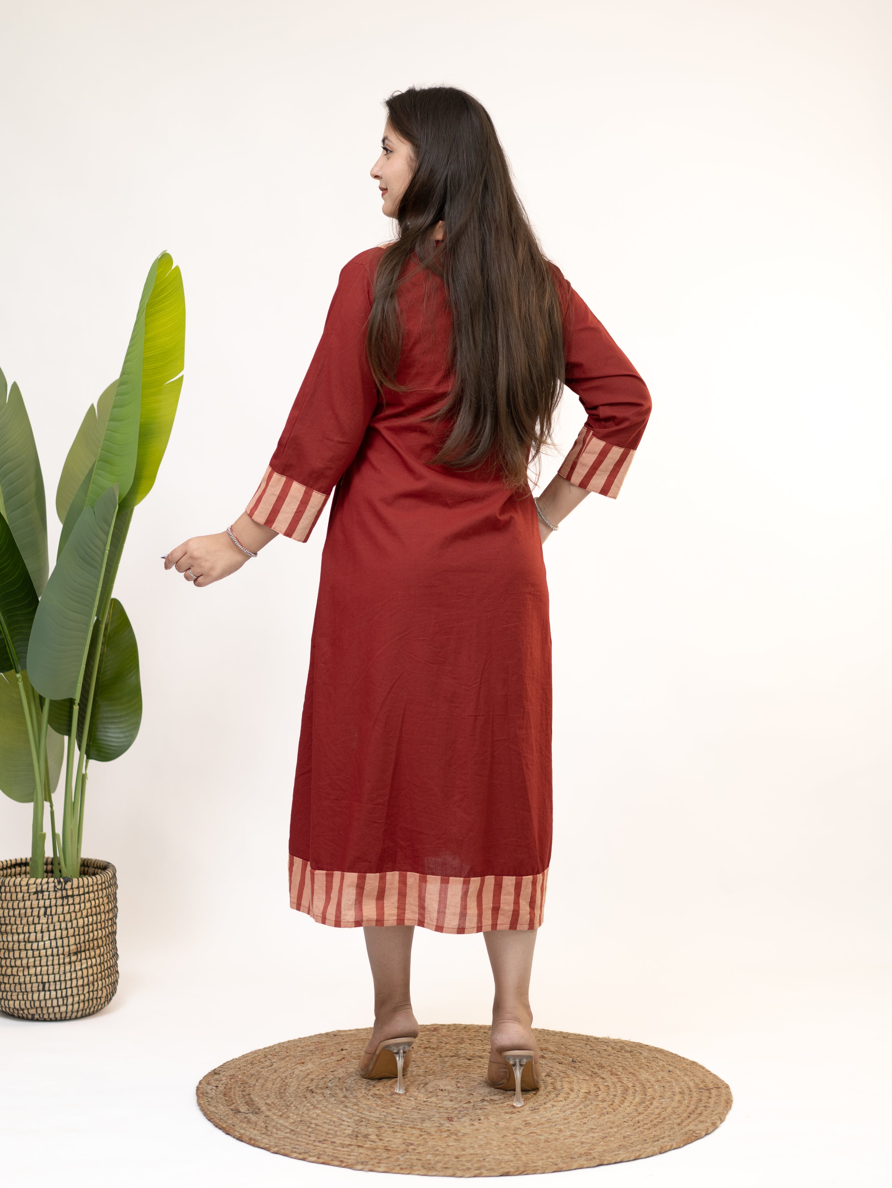 Yashvi Red Cotton Handblock Kutch Embroidered A-line Kurta