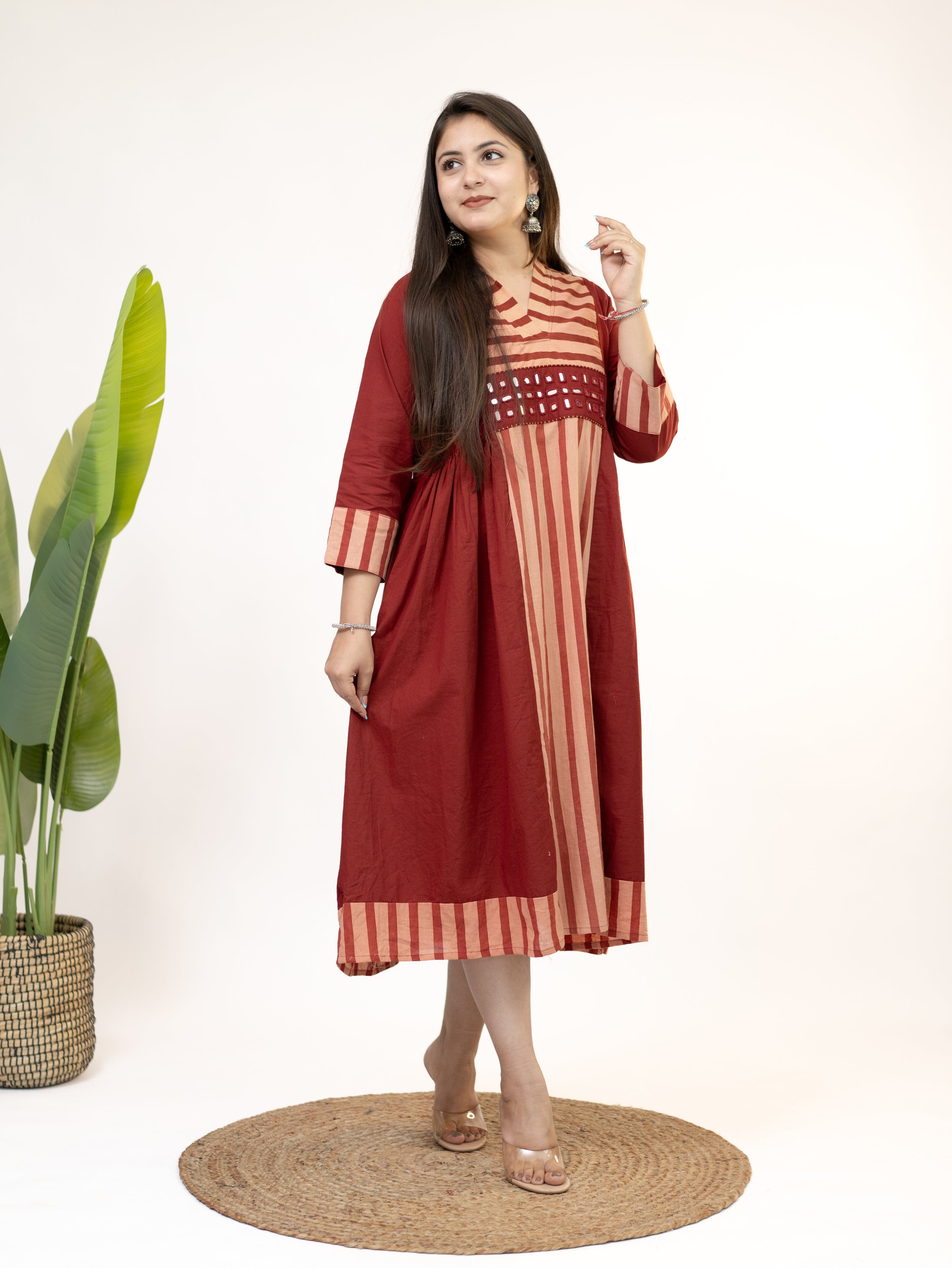 Yashvi Red Cotton Handblock Kutch Embroidered A-line Kurta