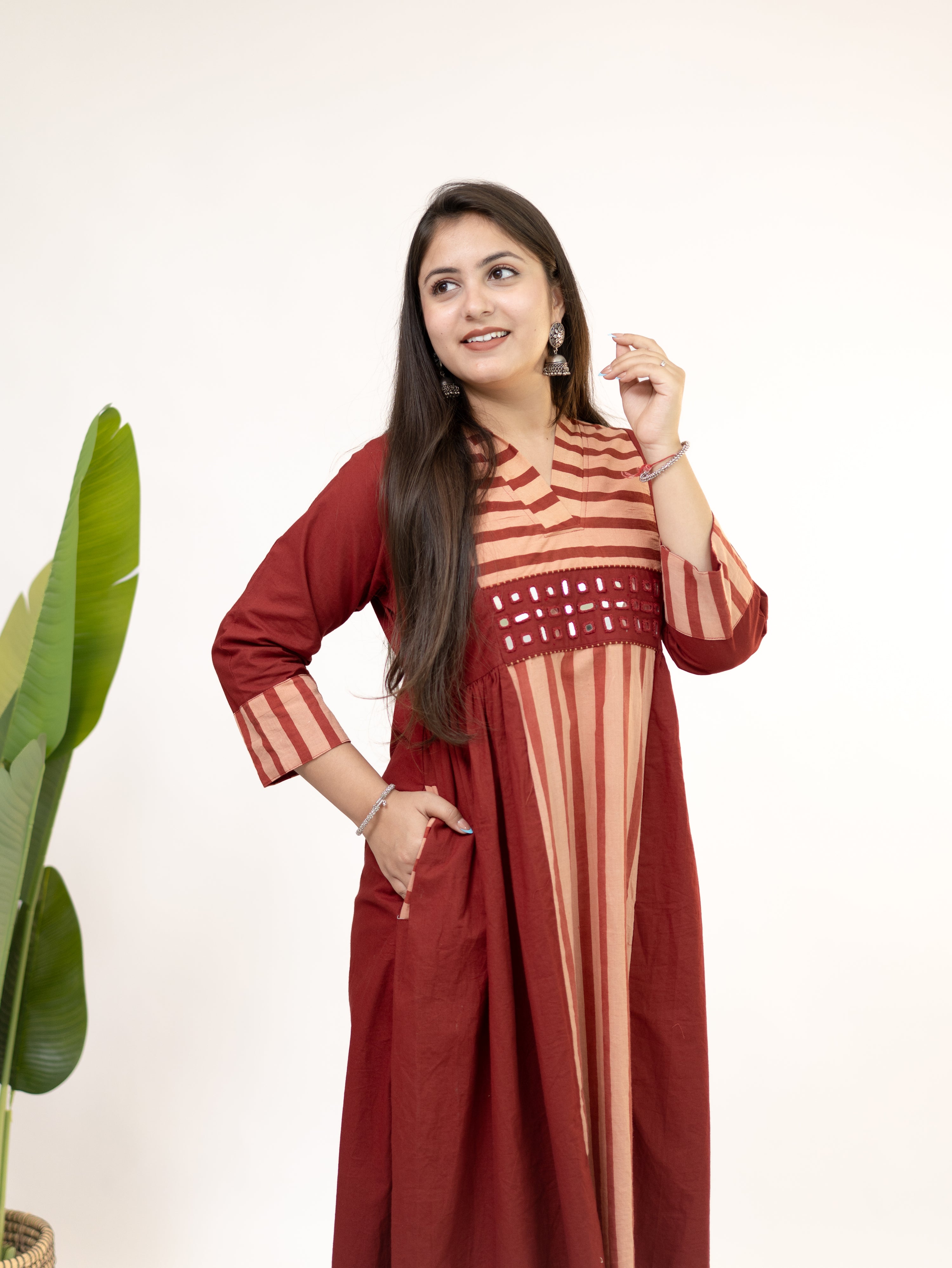 Yashvi Red Cotton Handblock Kutch Embroidered A-line Kurta
