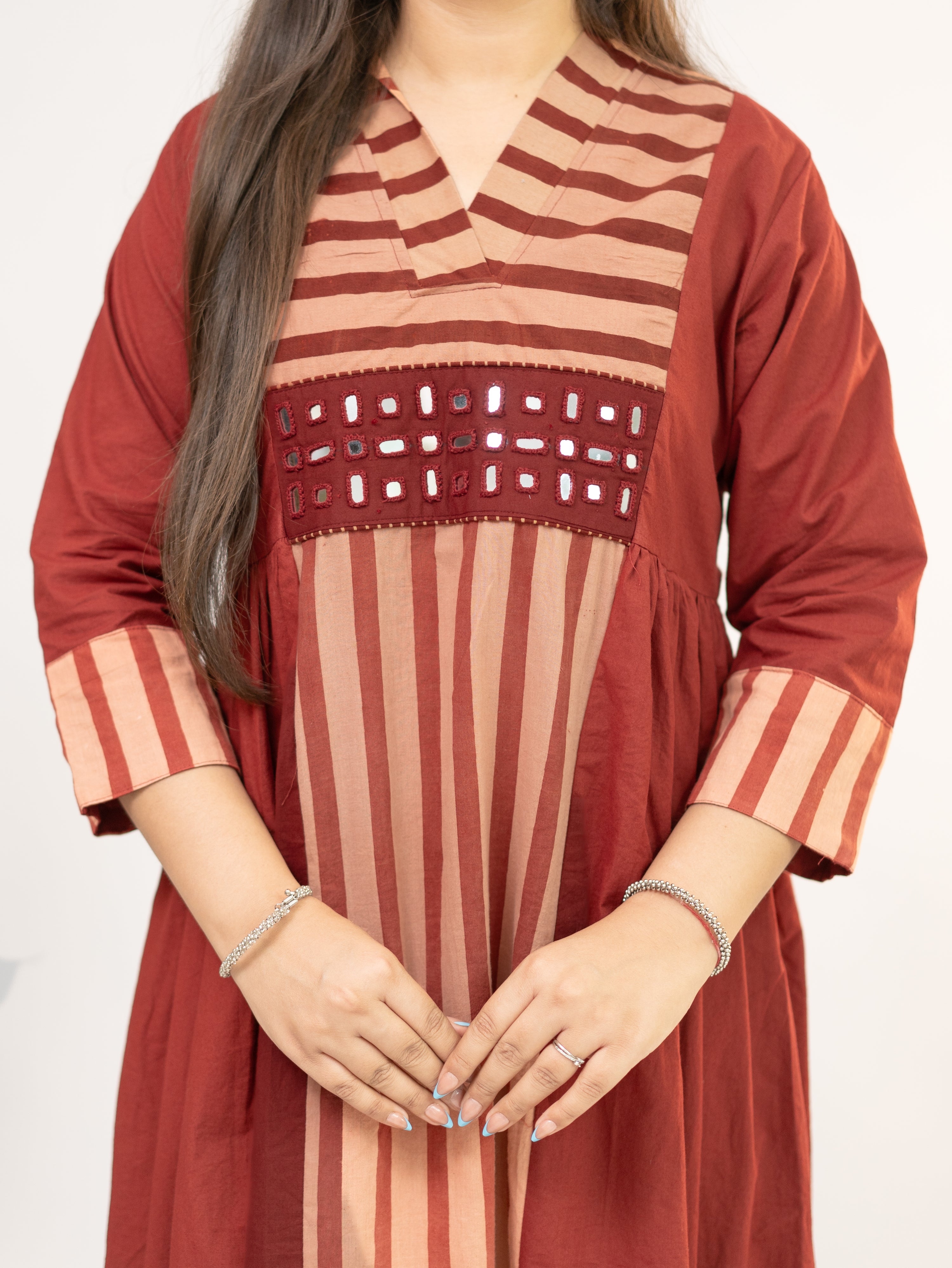 Yashvi Red Cotton Handblock Kutch Embroidered A-line Kurta