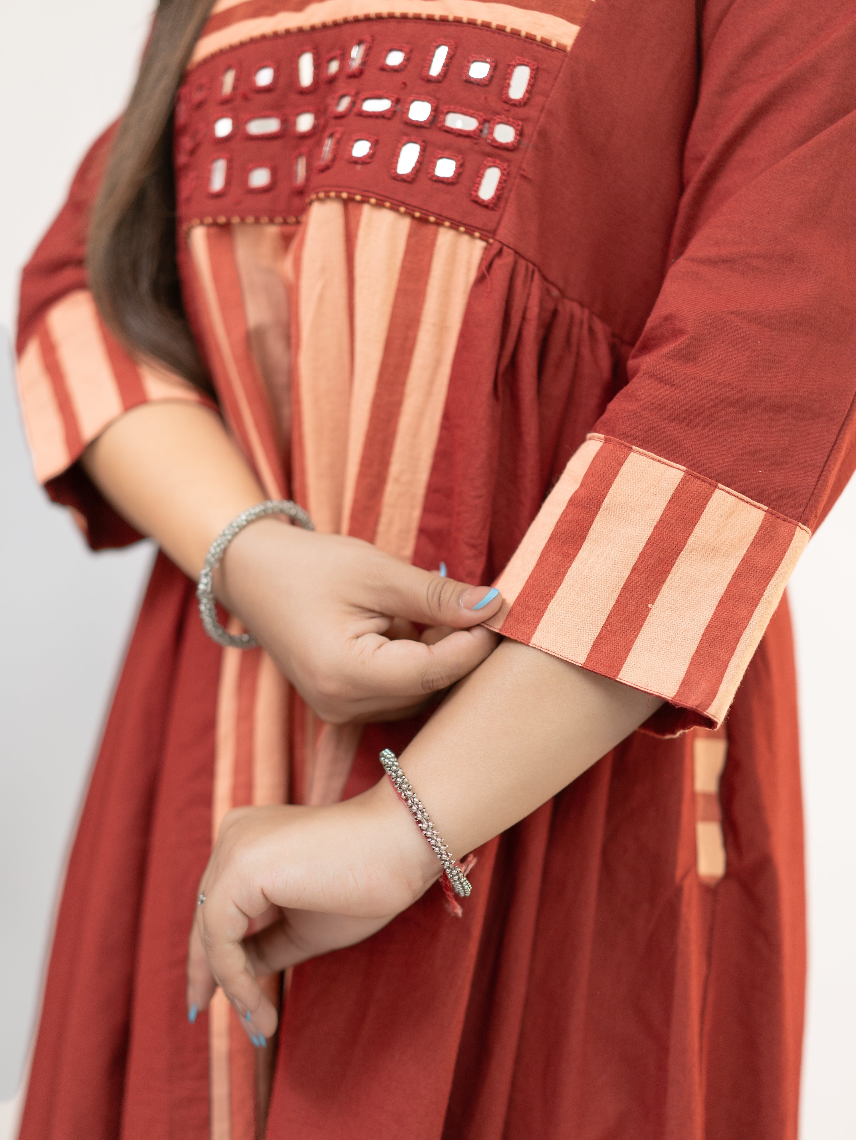 Yashvi Red Cotton Handblock Kutch Embroidered A-line Kurta