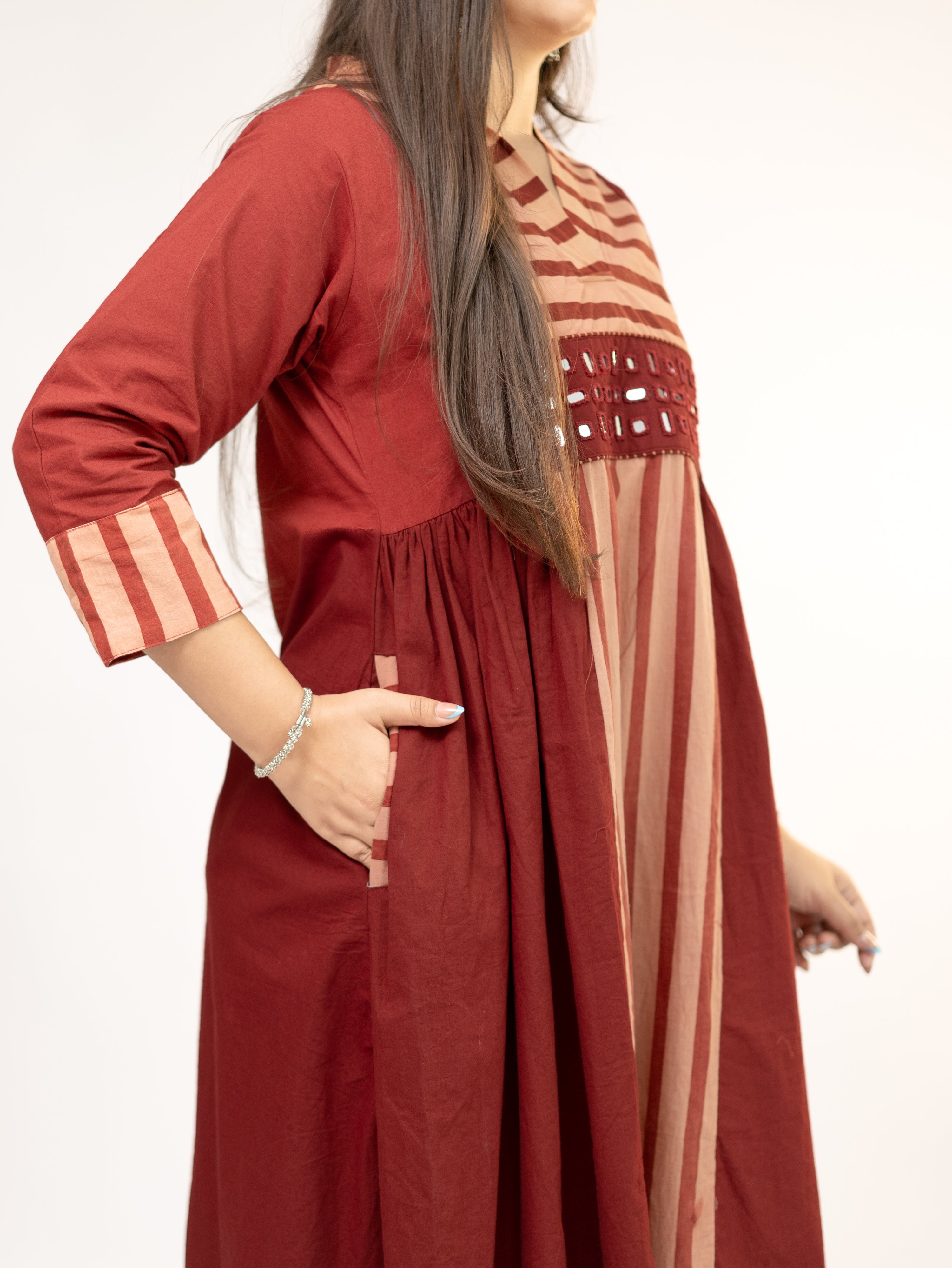 Yashvi Red Cotton Handblock Kutch Embroidered A-line Kurta