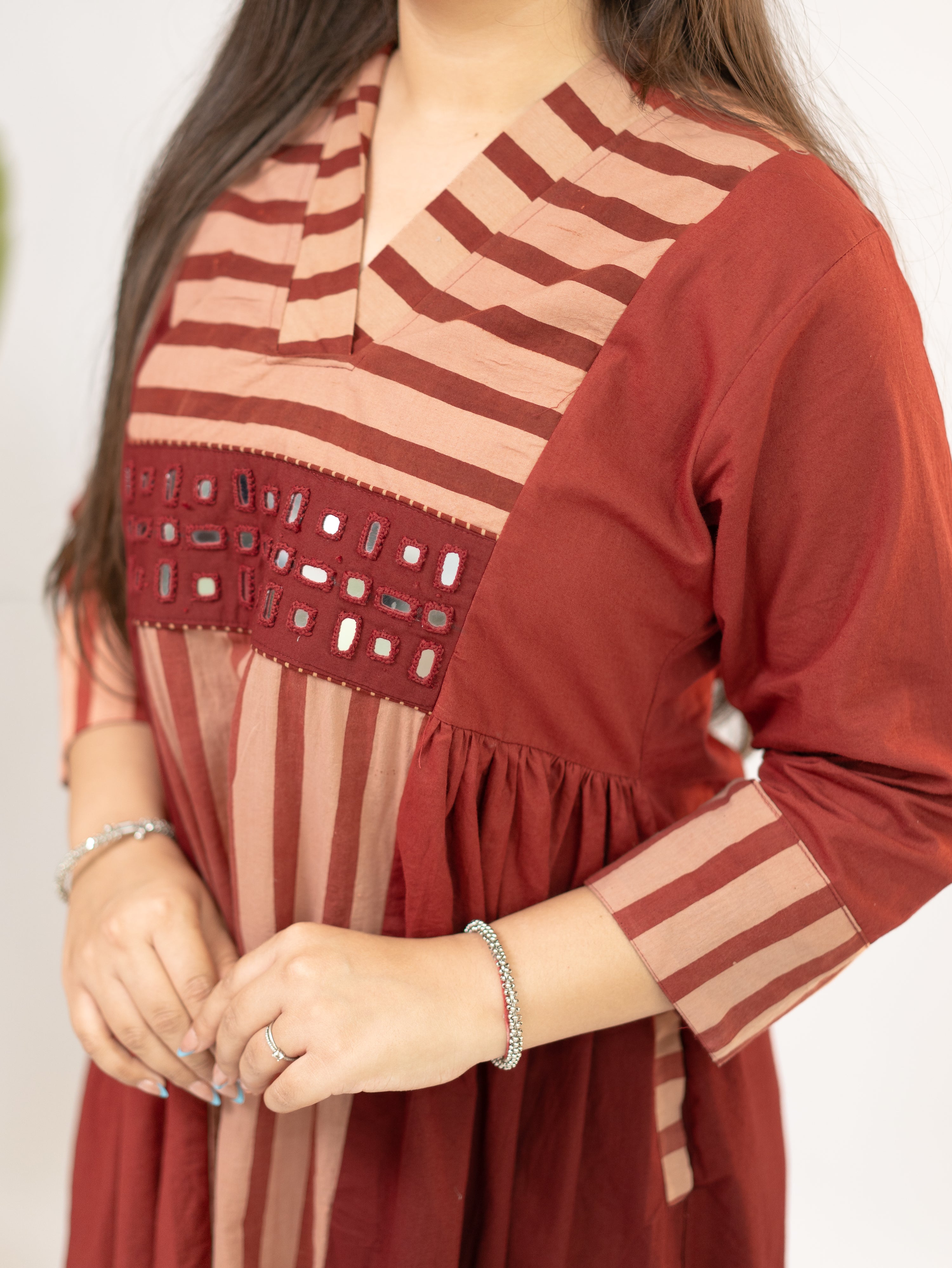 Yashvi Red Cotton Handblock Kutch Embroidered A-line Kurta