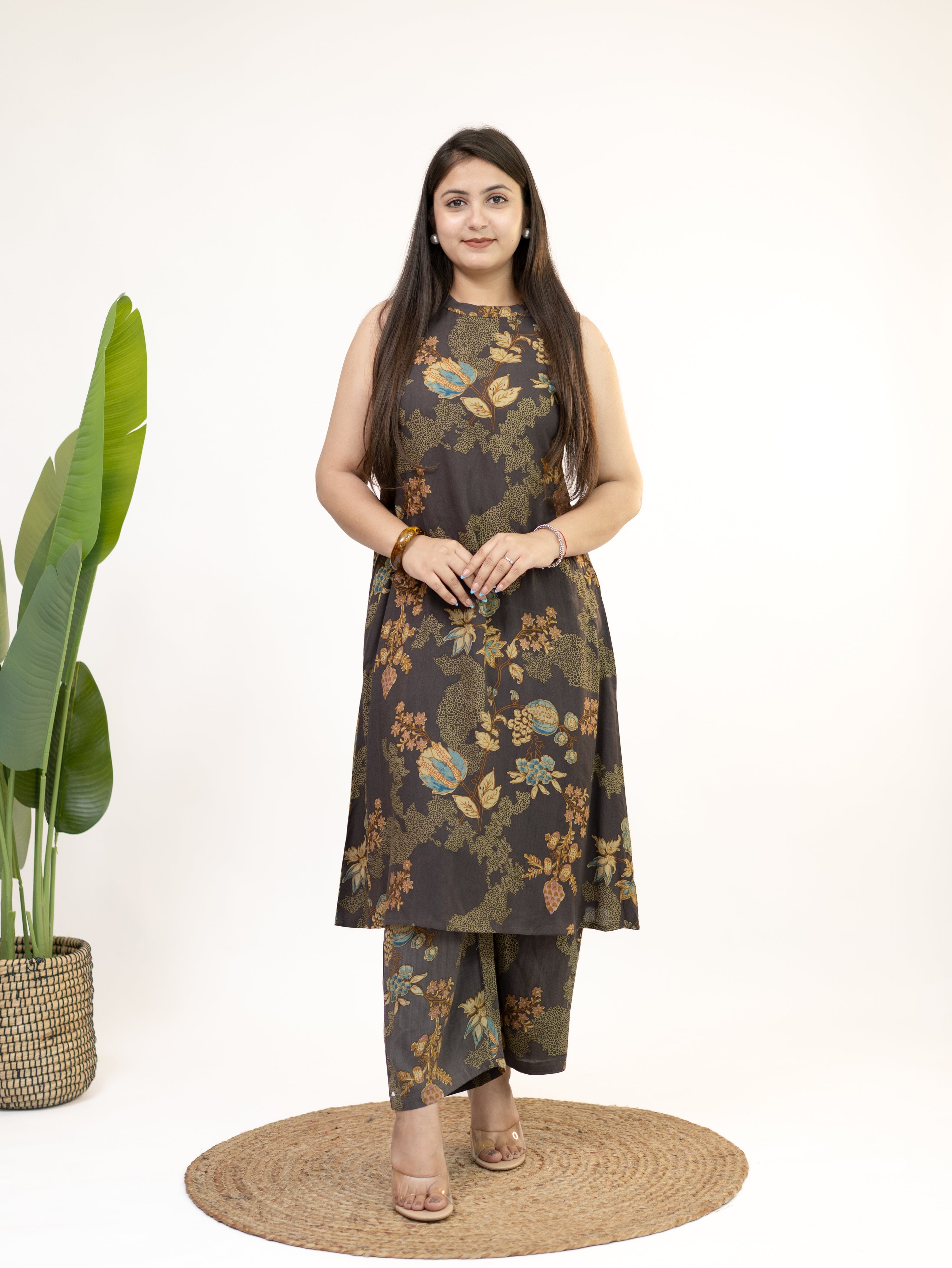 Raila Brown Floral Rayon A-line Coord Set