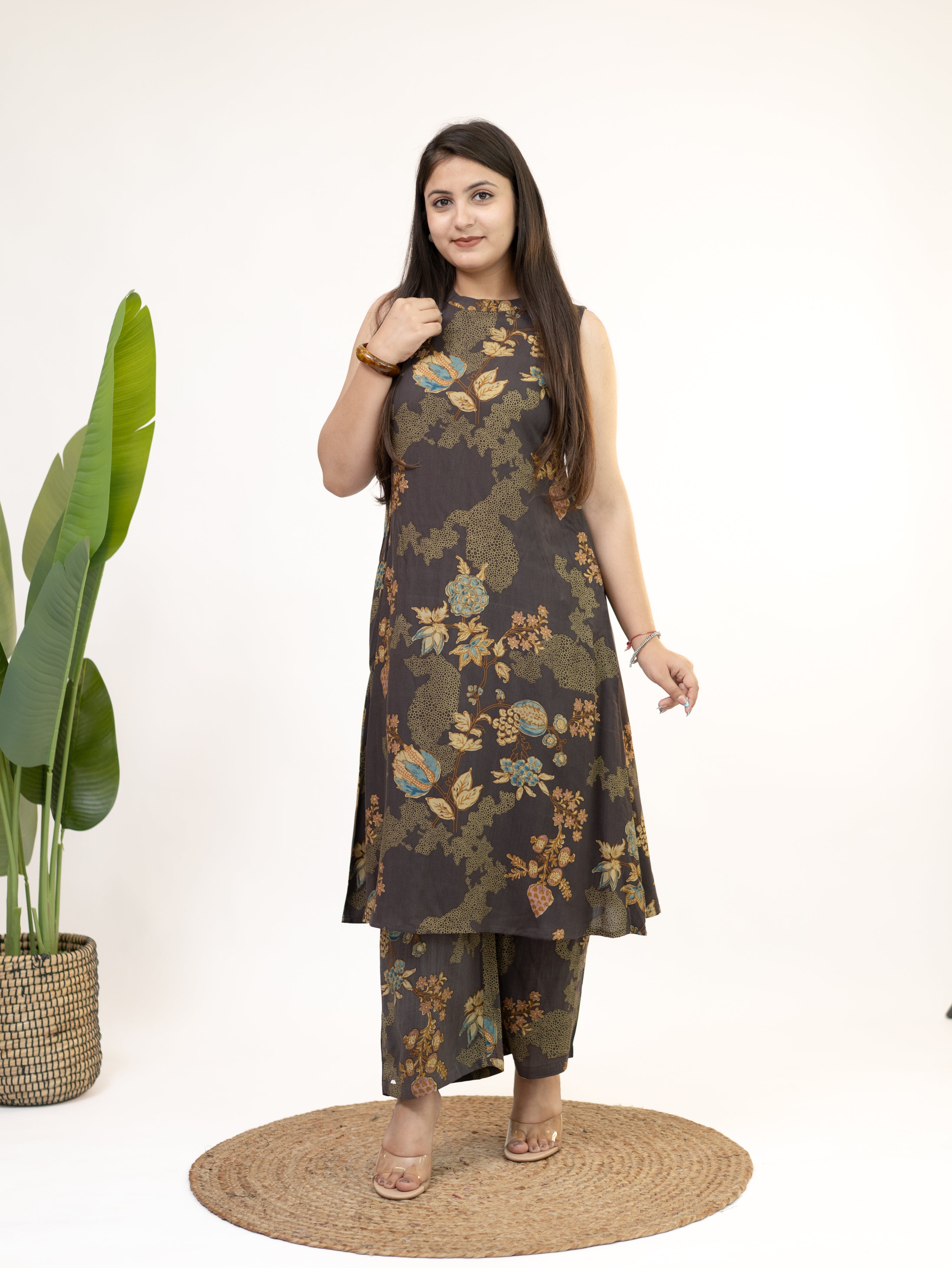 Raila Brown Floral Rayon A-line Coord Set