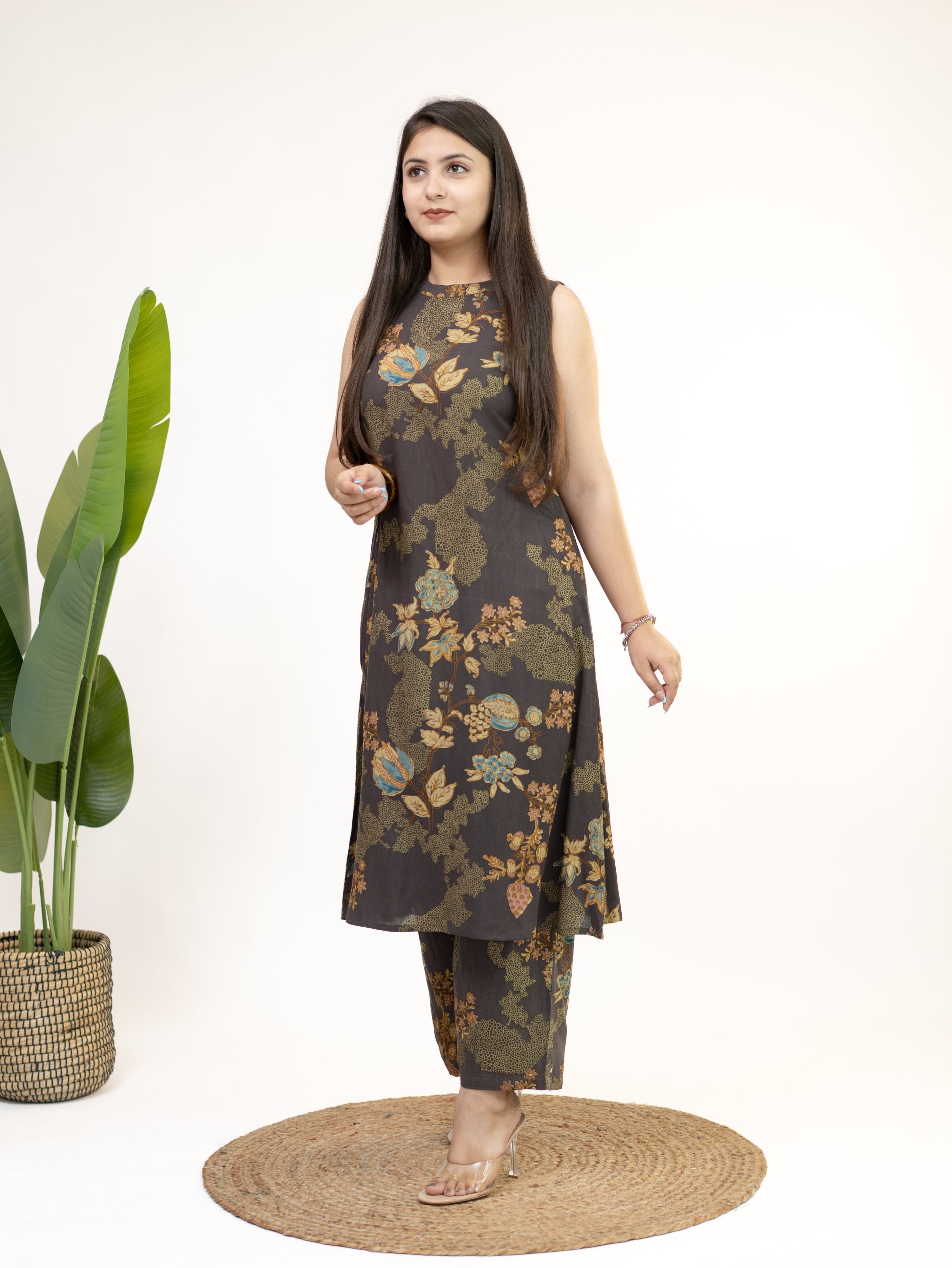 Raila Brown Floral Rayon A-line Coord Set