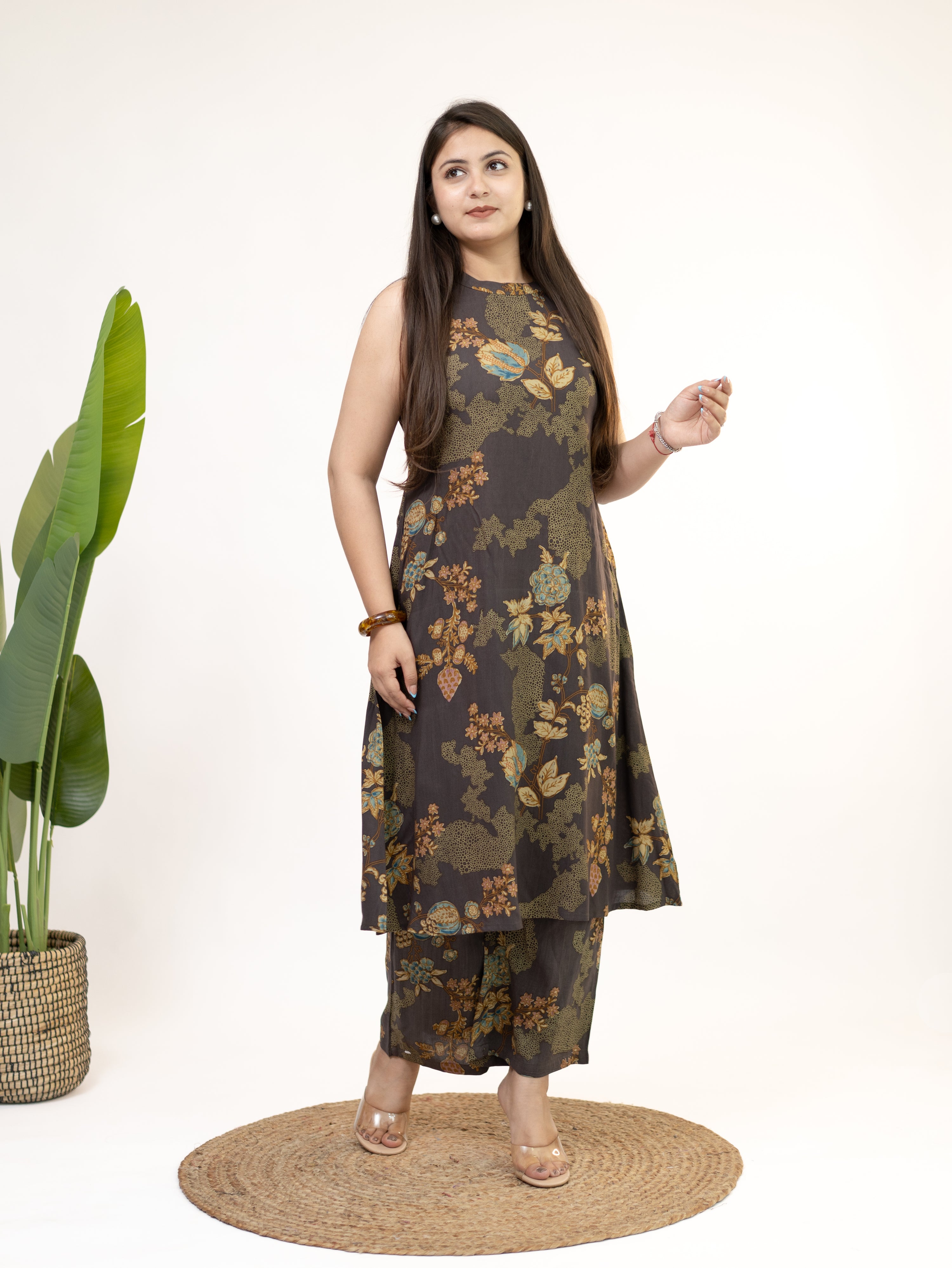 Raila Brown Floral Rayon A-line Coord Set