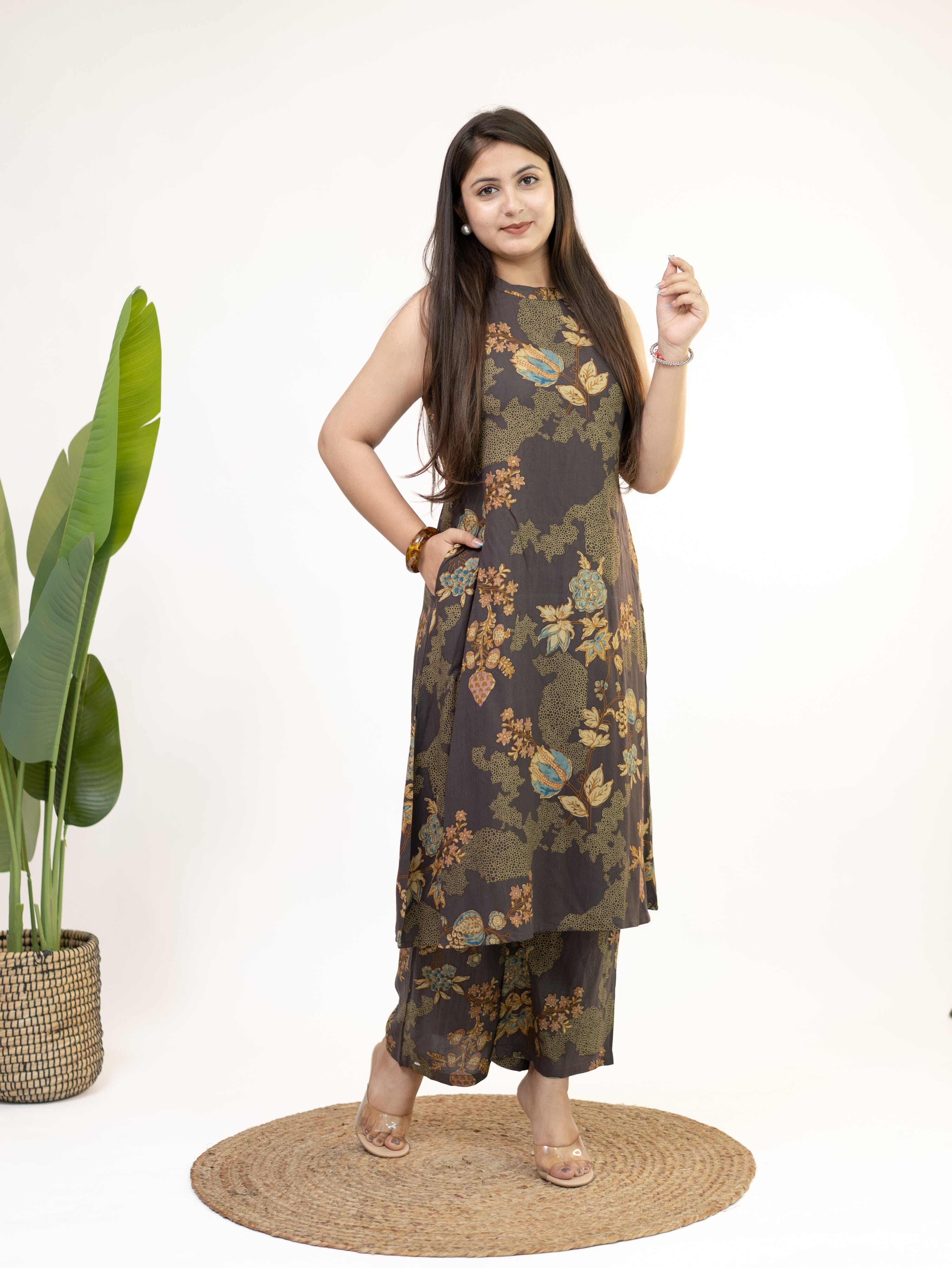 Raila Brown Floral Rayon A-line Coord Set