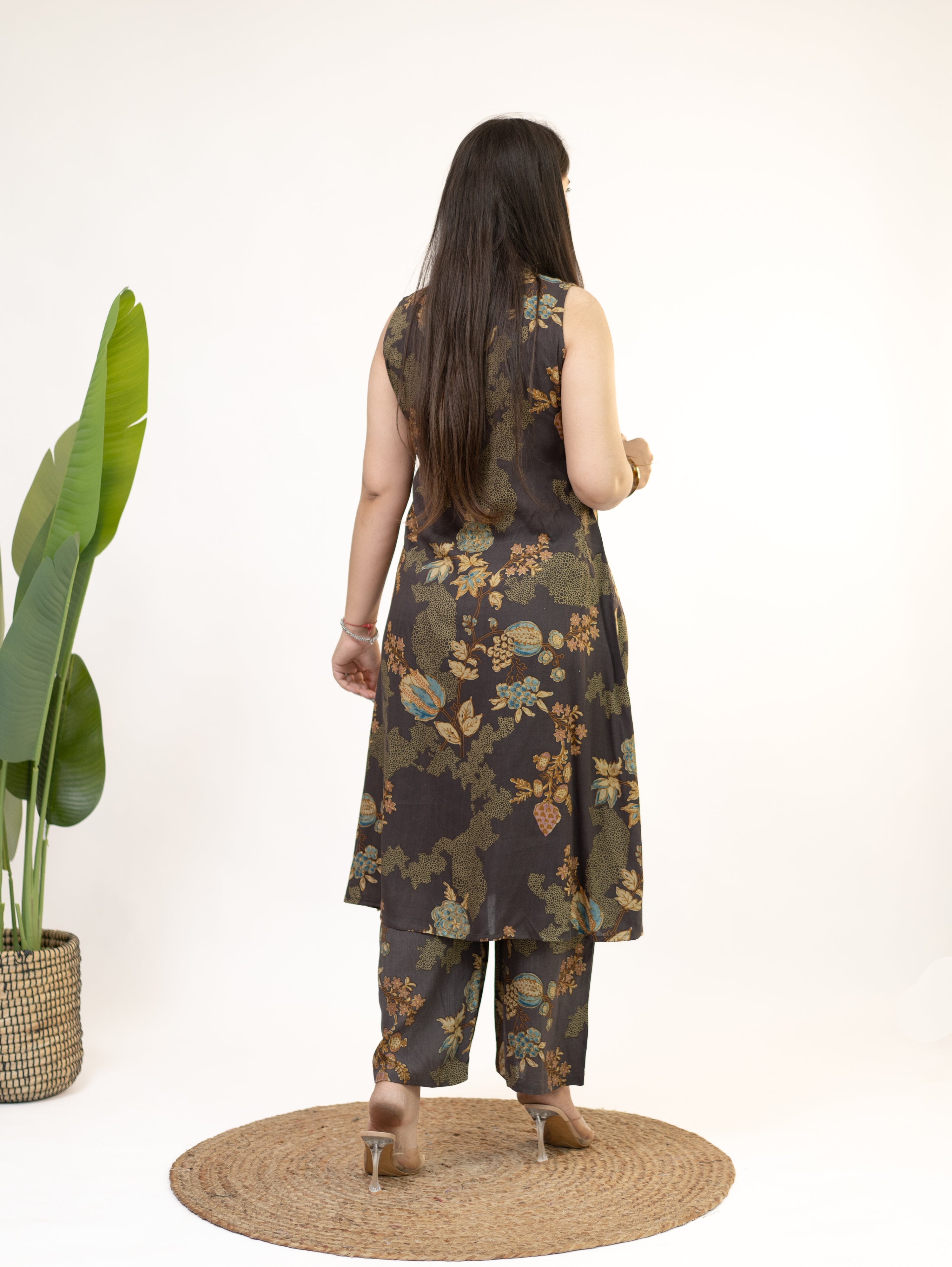 Raila Brown Floral Rayon A-line Coord Set