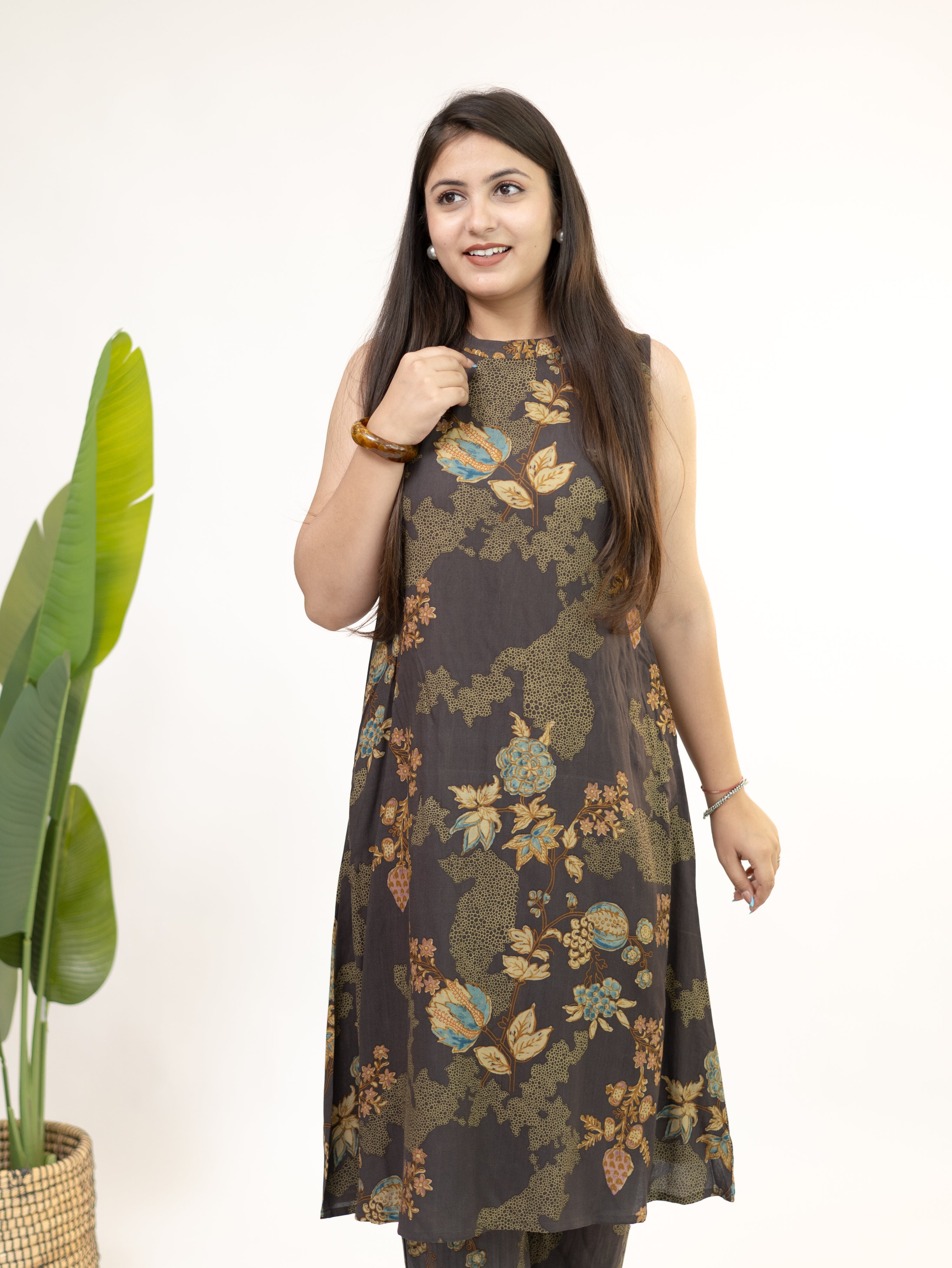 Raila Brown Floral Rayon A-line Coord Set