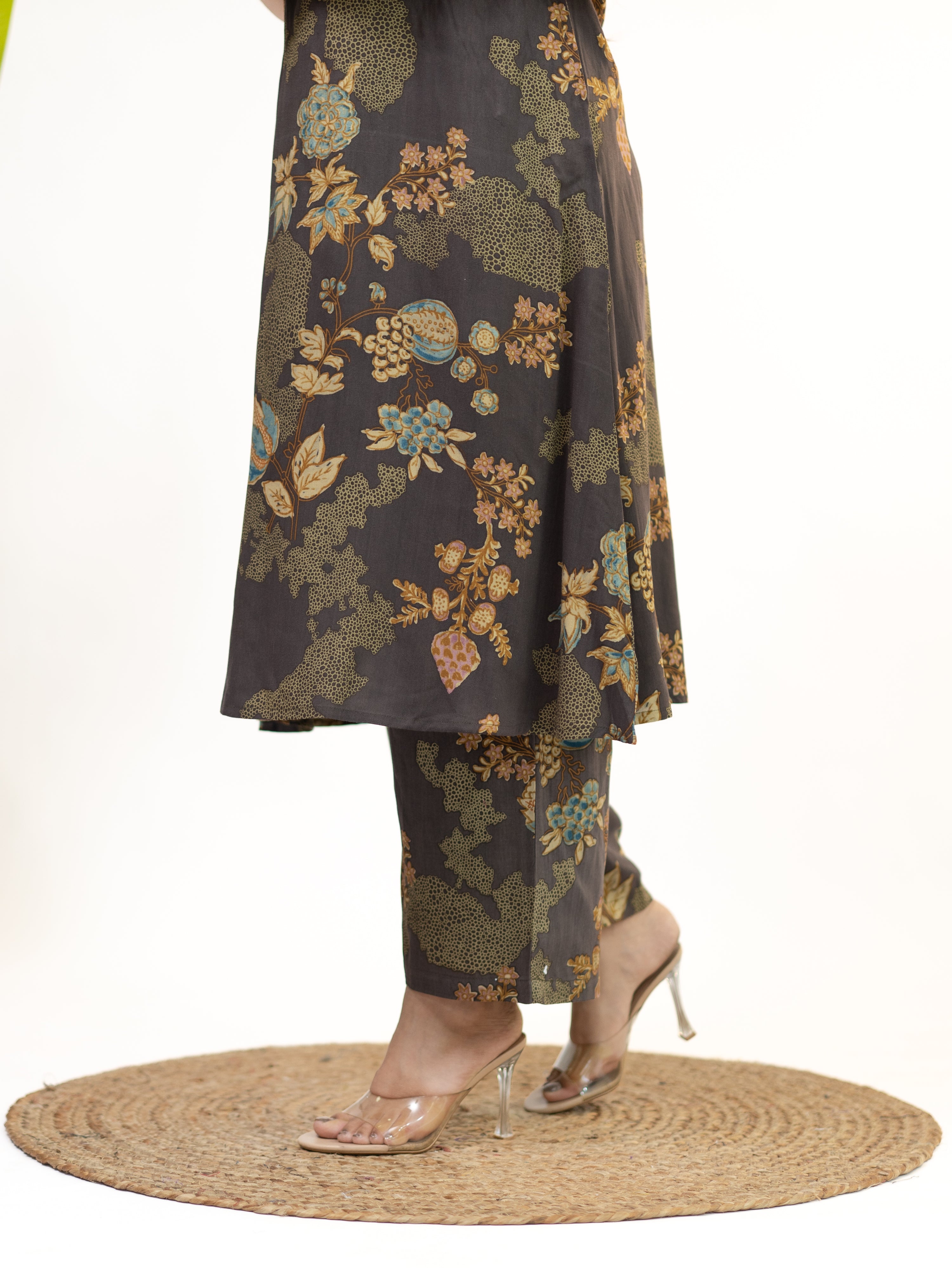 Raila Brown Floral Rayon A-line Coord Set