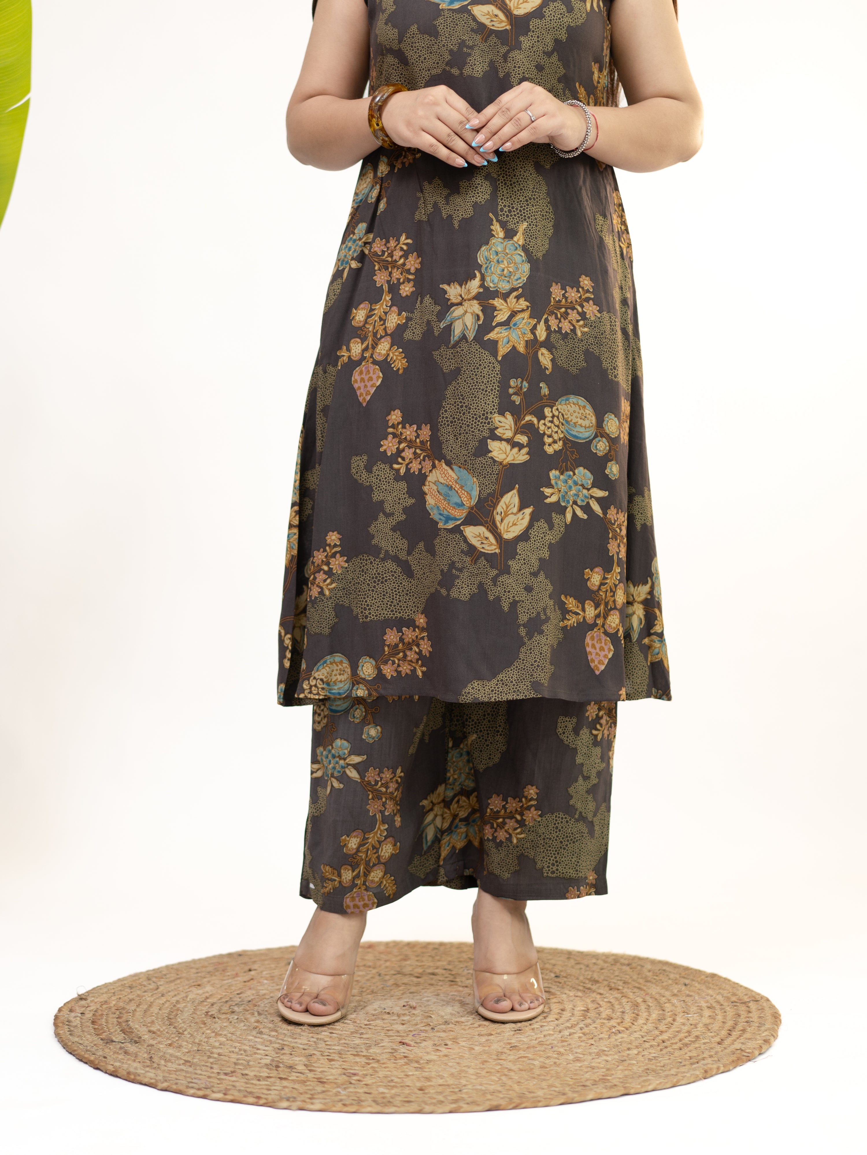 Raila Brown Floral Rayon A-line Coord Set