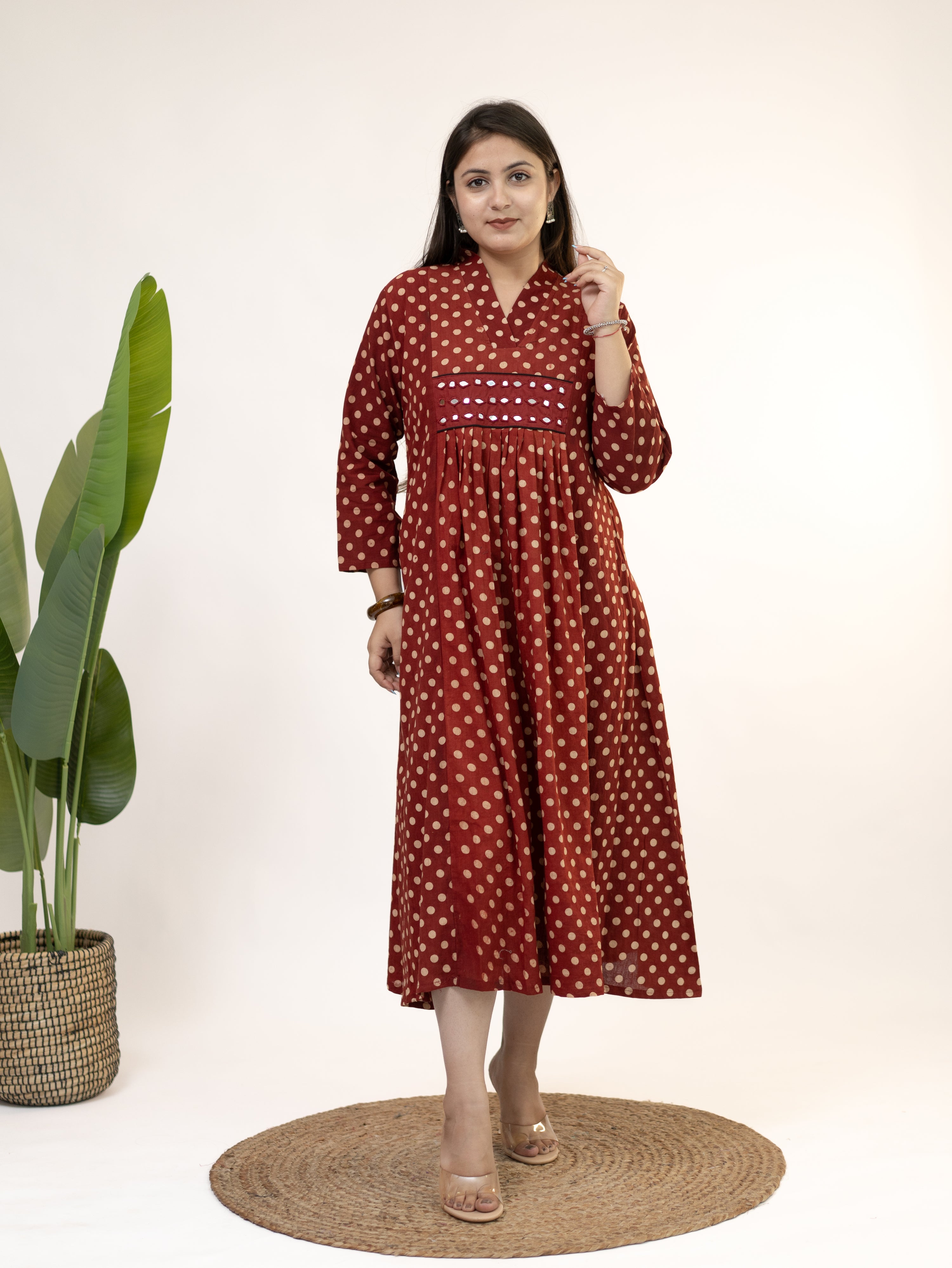 Bidhi Mul Cotton Red Polka Handblock Kutch Embroidered A-line Kurta
