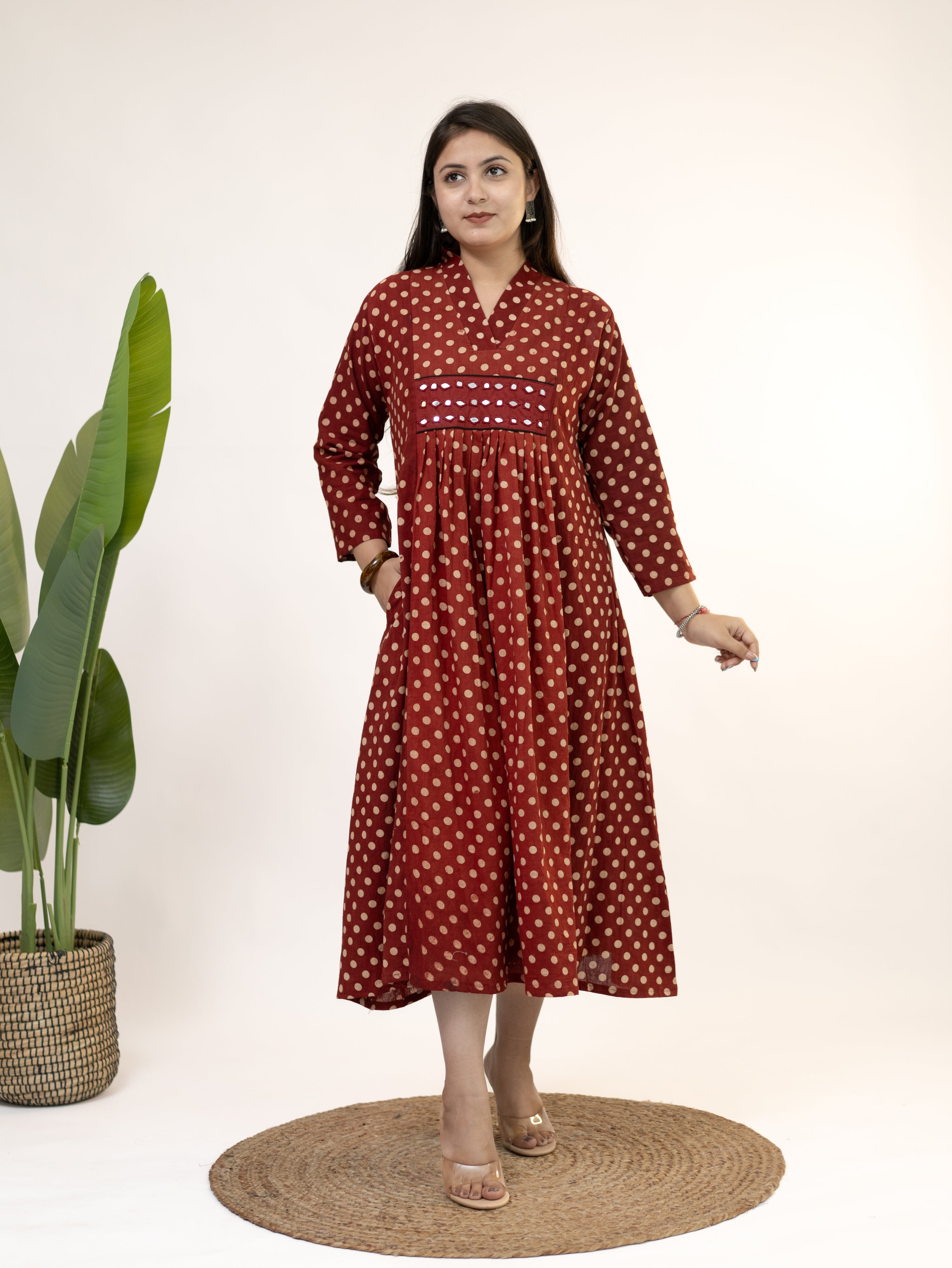 Bidhi Mul Cotton Red Polka Handblock Kutch Embroidered A-line Kurta