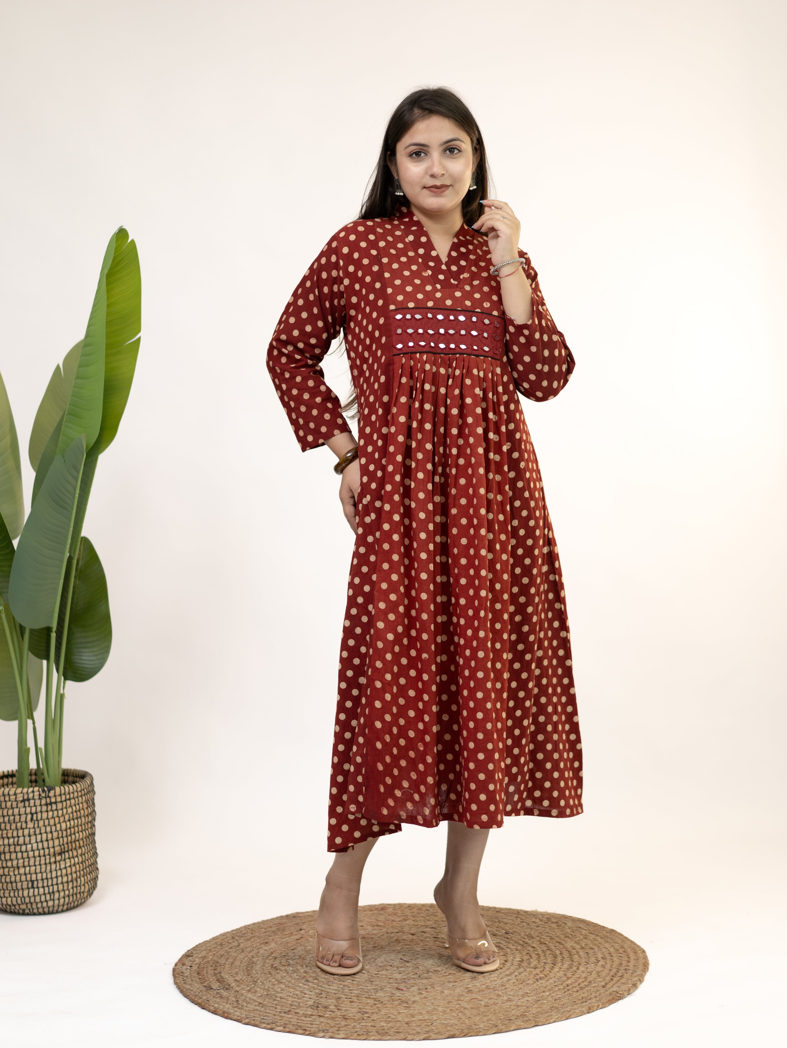 Bidhi Mul Cotton Red Polka Handblock Kutch Embroidered A-line Kurta