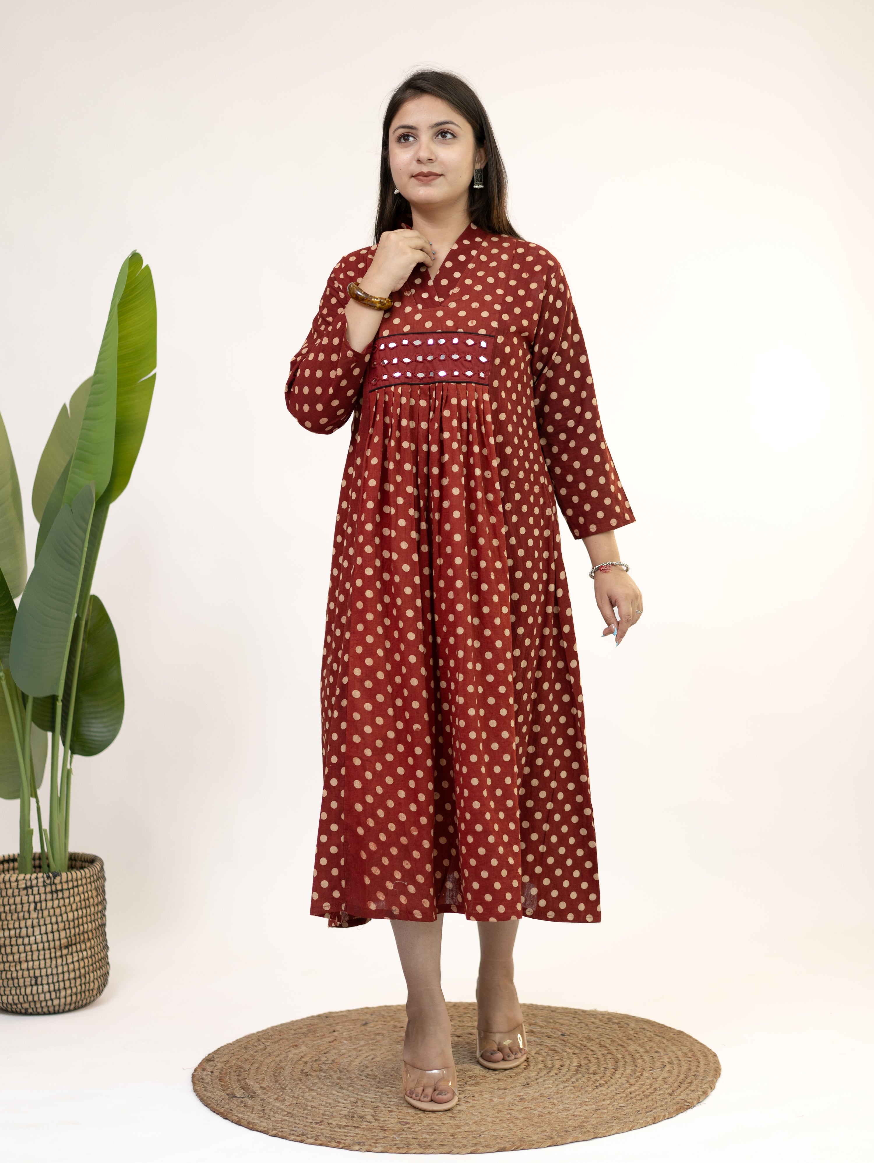 Bidhi Mul Cotton Red Polka Handblock Kutch Embroidered A-line Kurta