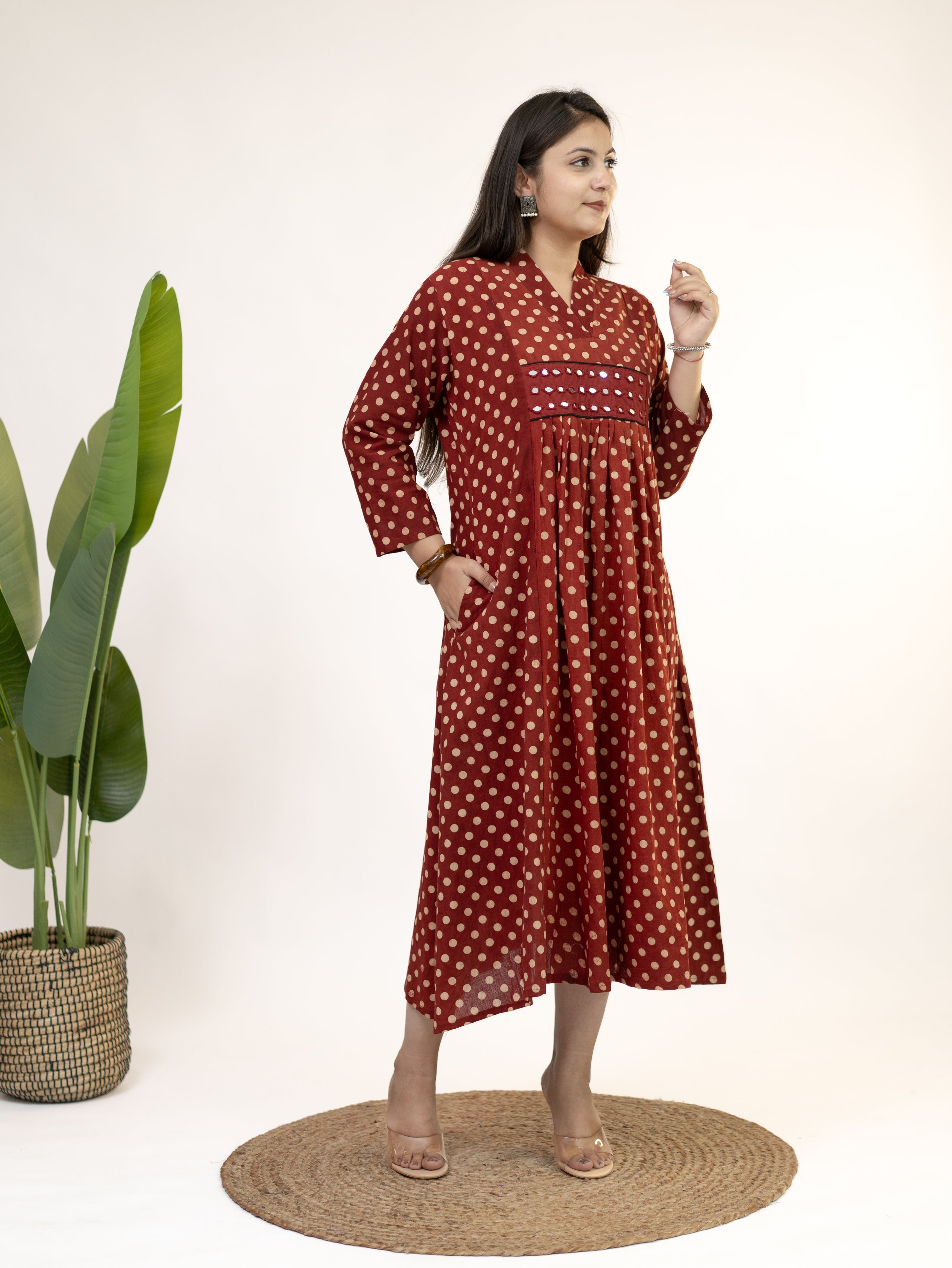 Bidhi Mul Cotton Red Polka Handblock Kutch Embroidered A-line Kurta