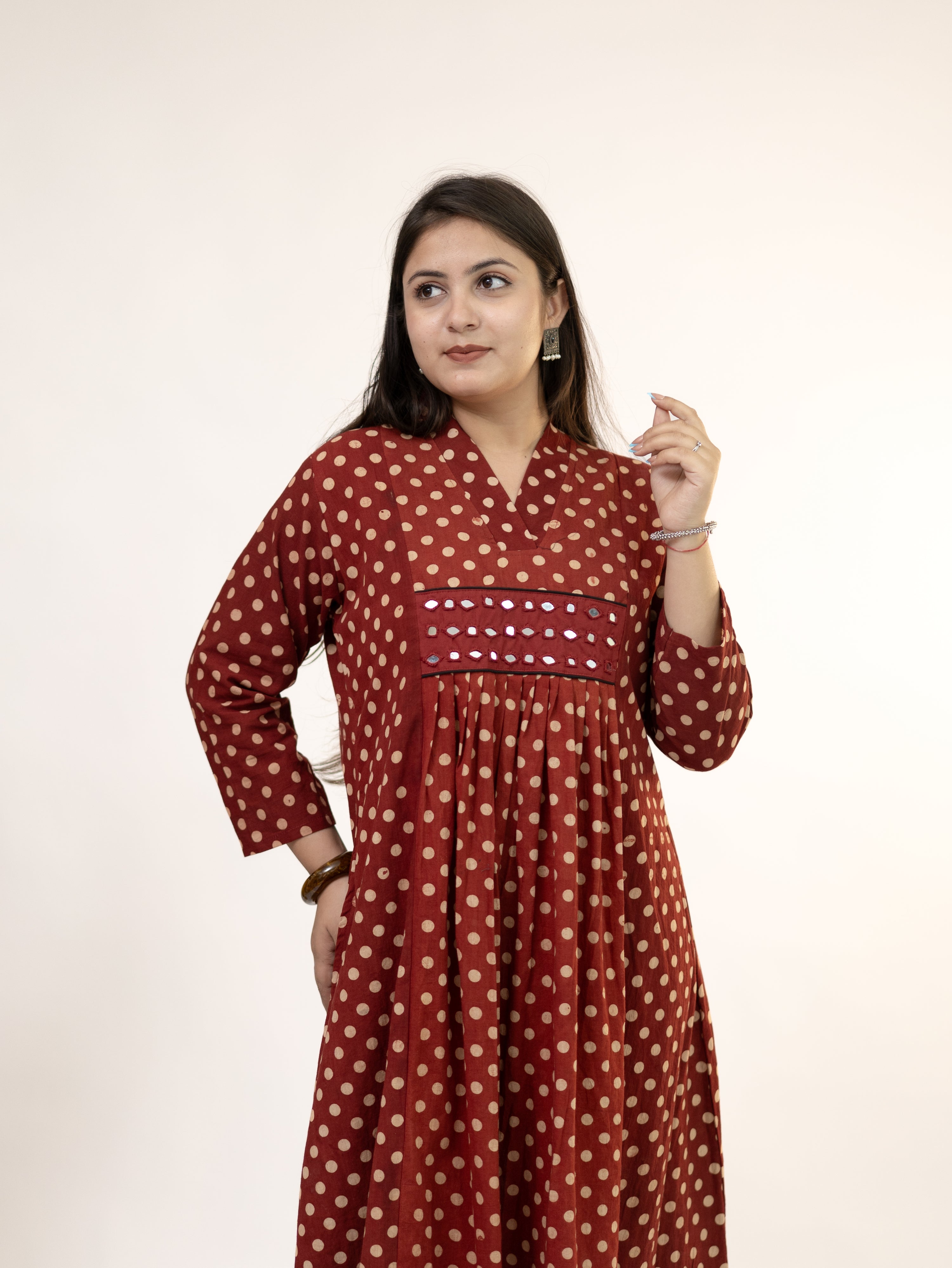 Bidhi Mul Cotton Red Polka Handblock Kutch Embroidered A-line Kurta