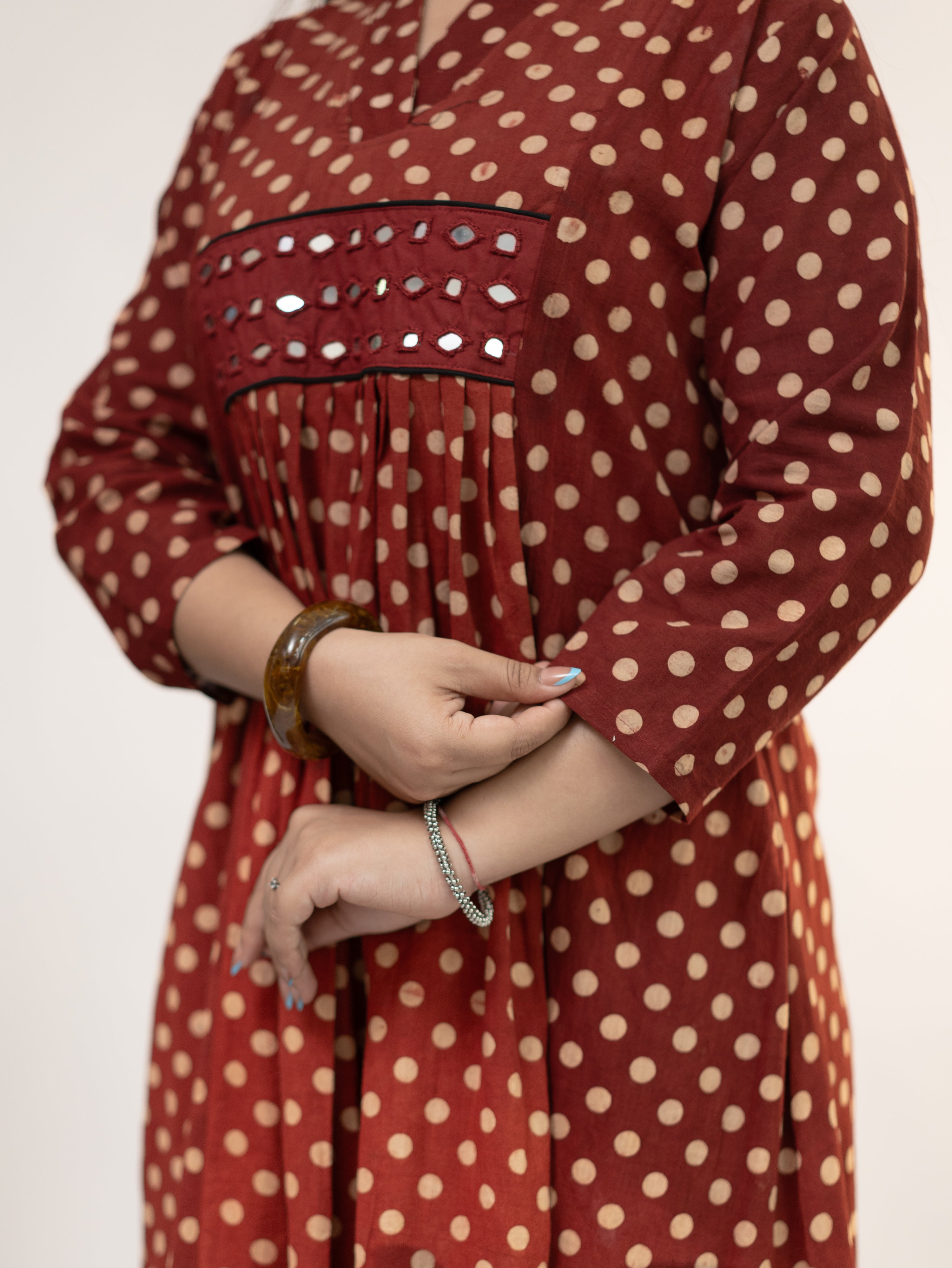 Bidhi Mul Cotton Red Polka Handblock Kutch Embroidered A-line Kurta