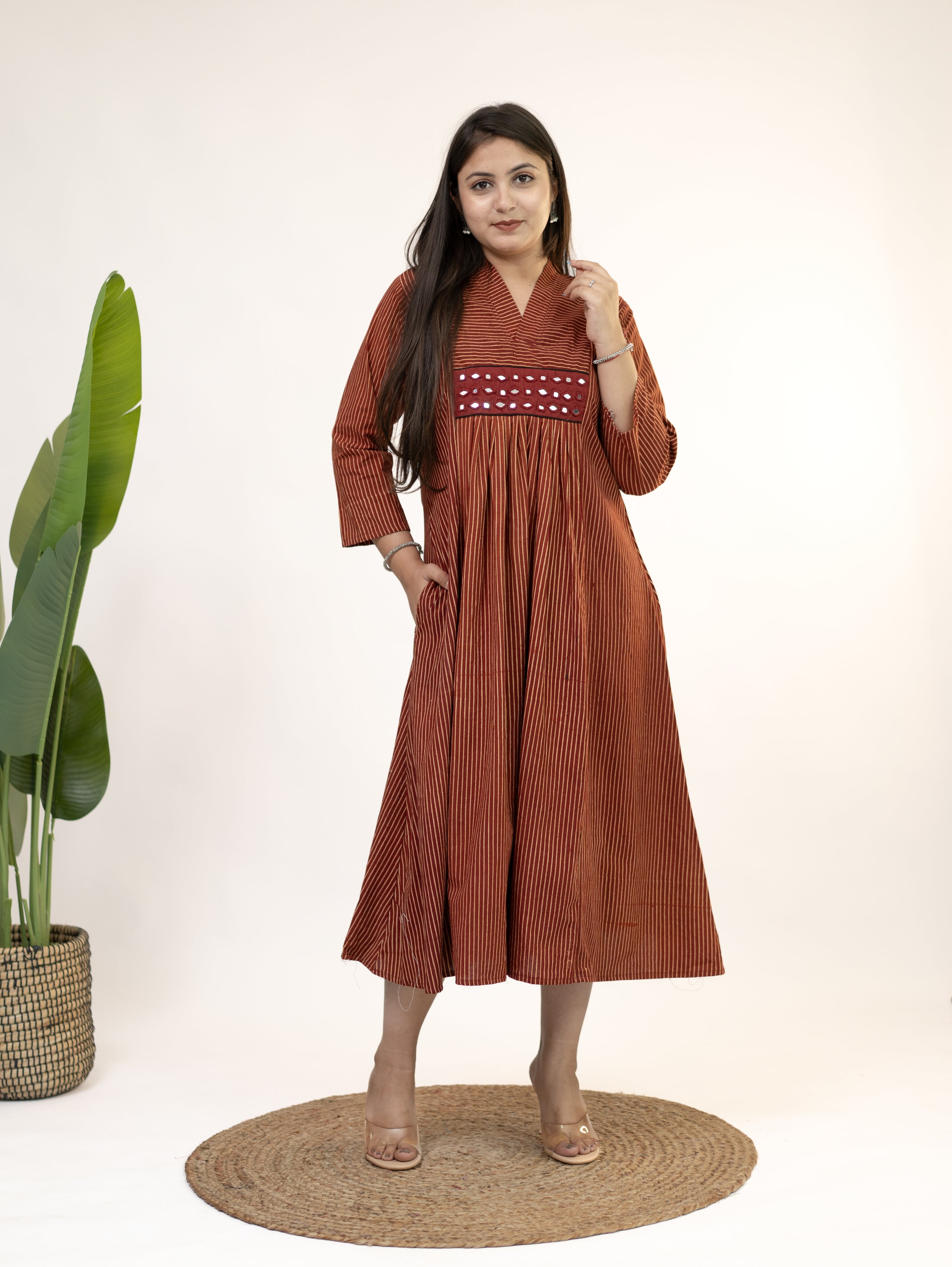 Girija Red Mul Cotton Strips Handblock Kutch Embroidered A-line Kurta