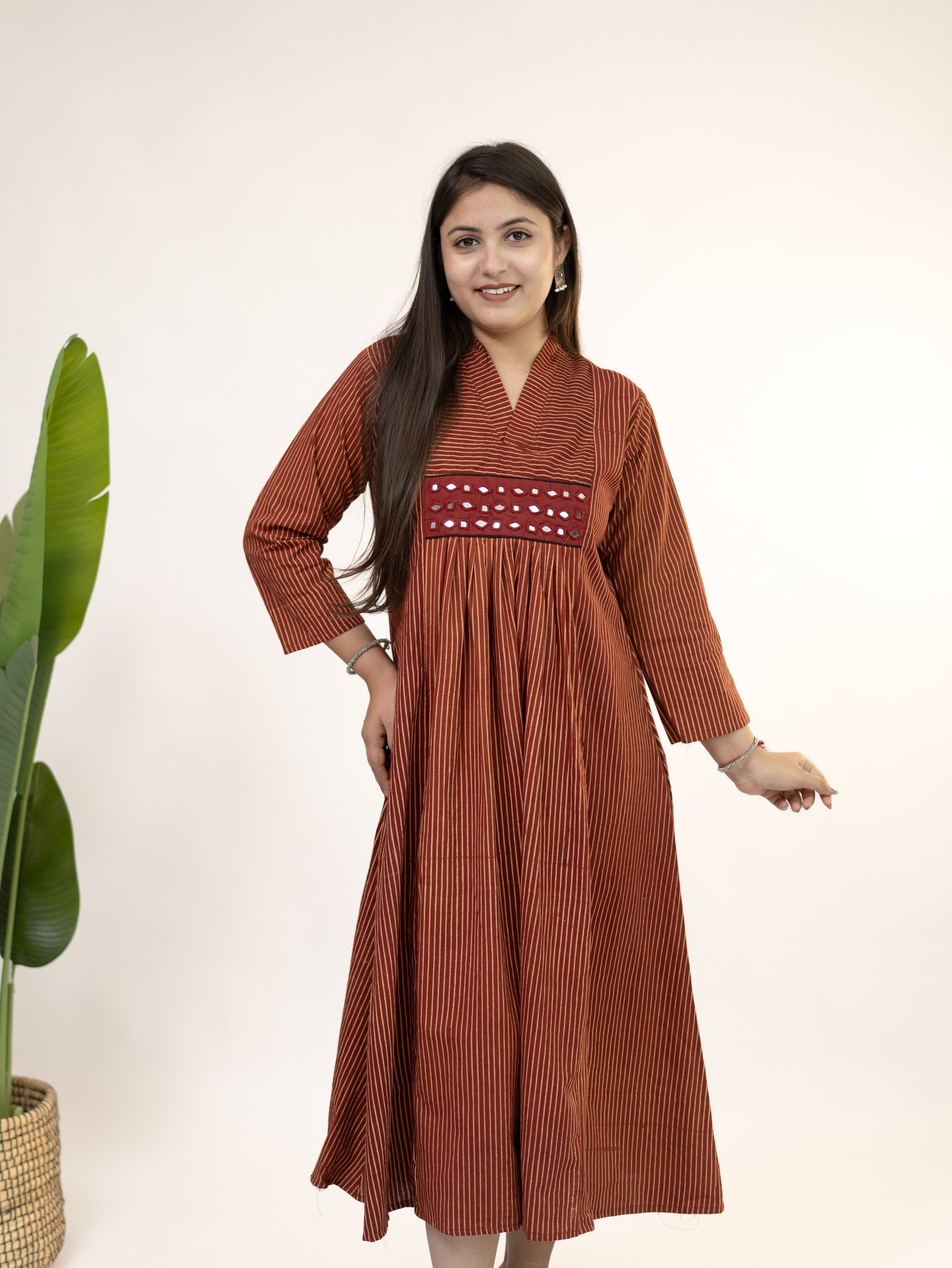 Girija Red Mul Cotton Strips Handblock Kutch Embroidered A-line Kurta
