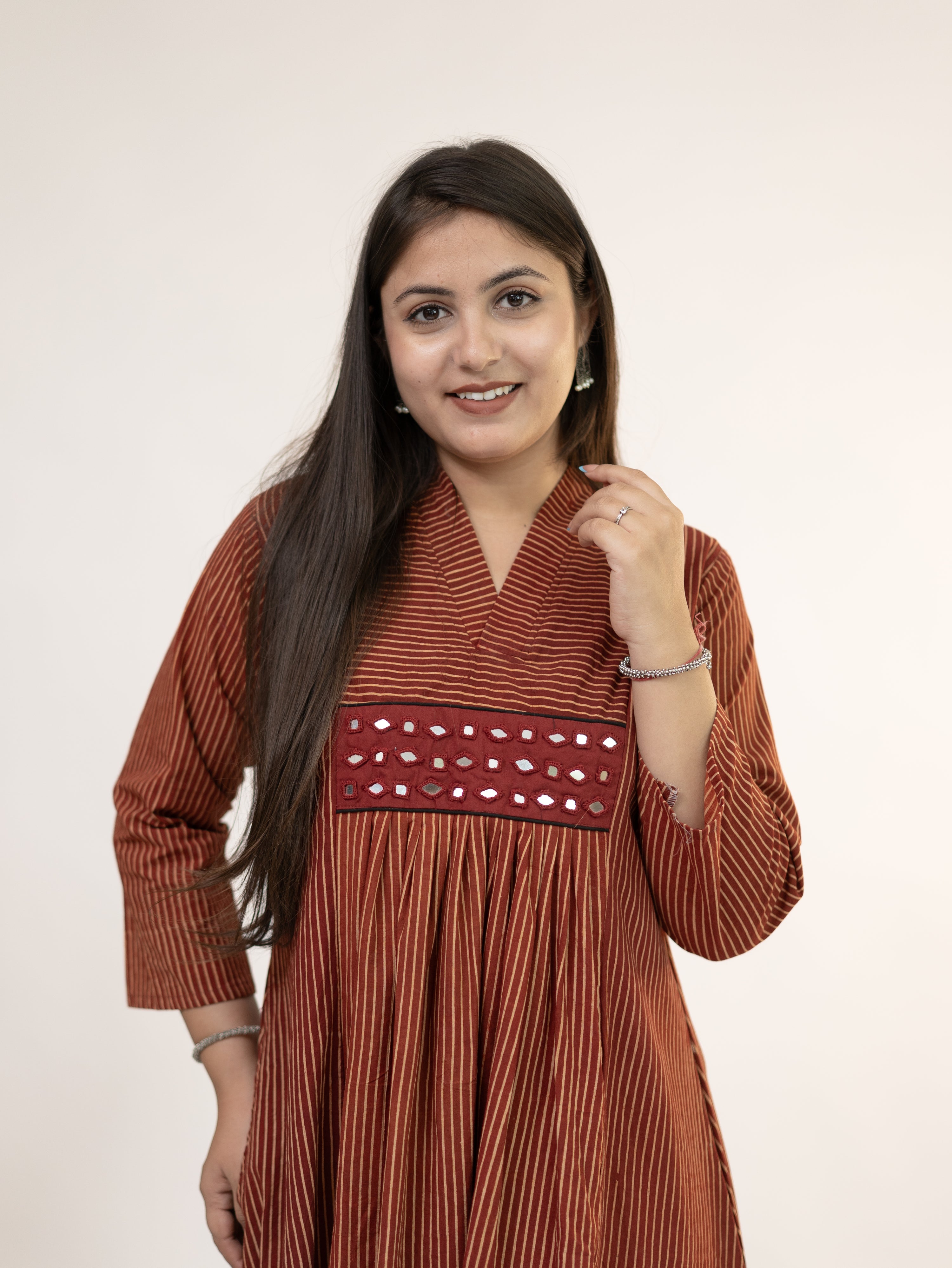 Girija Red Mul Cotton Strips Handblock Kutch Embroidered A-line Kurta