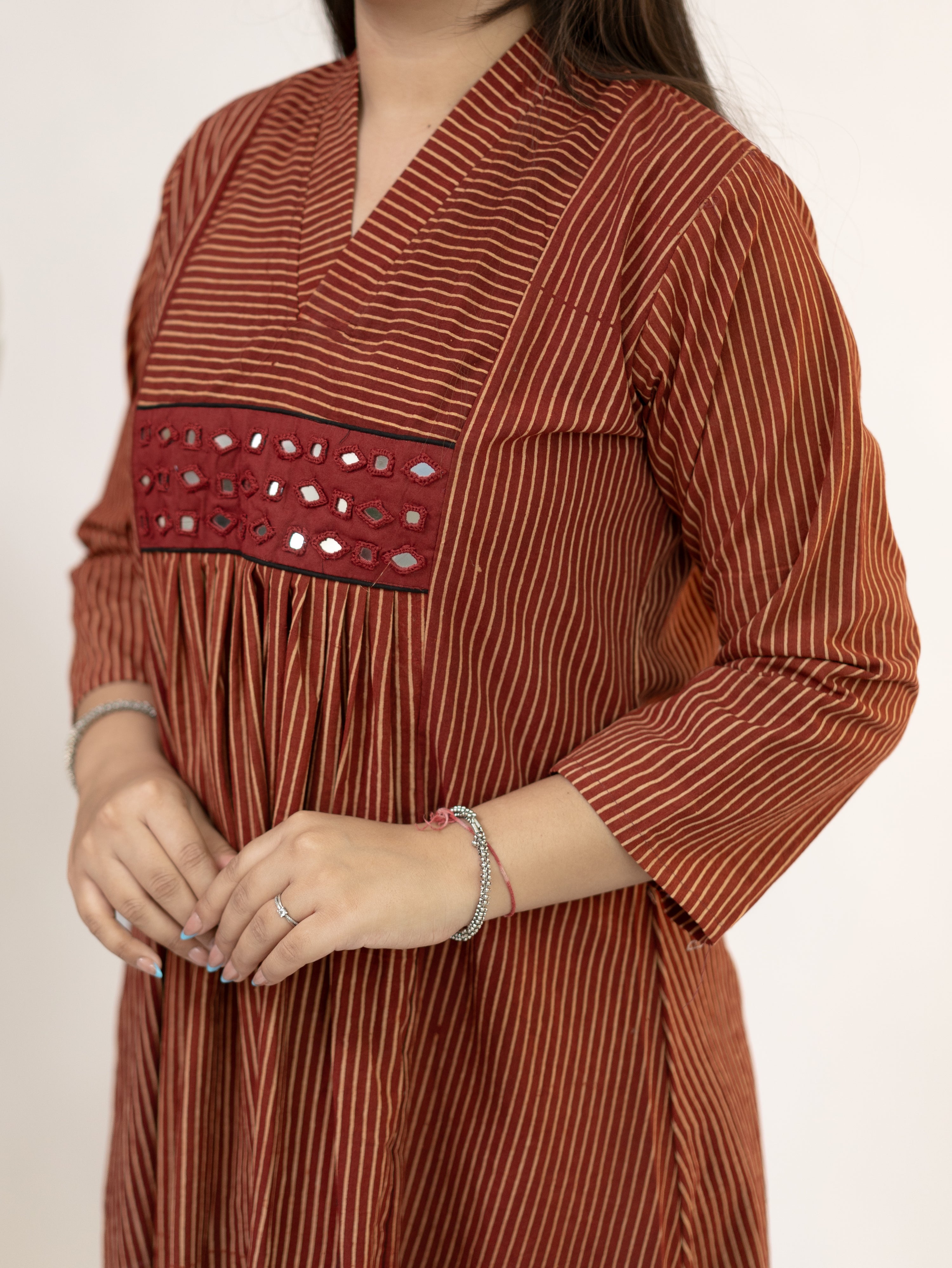Girija Red Mul Cotton Strips Handblock Kutch Embroidered A-line Kurta