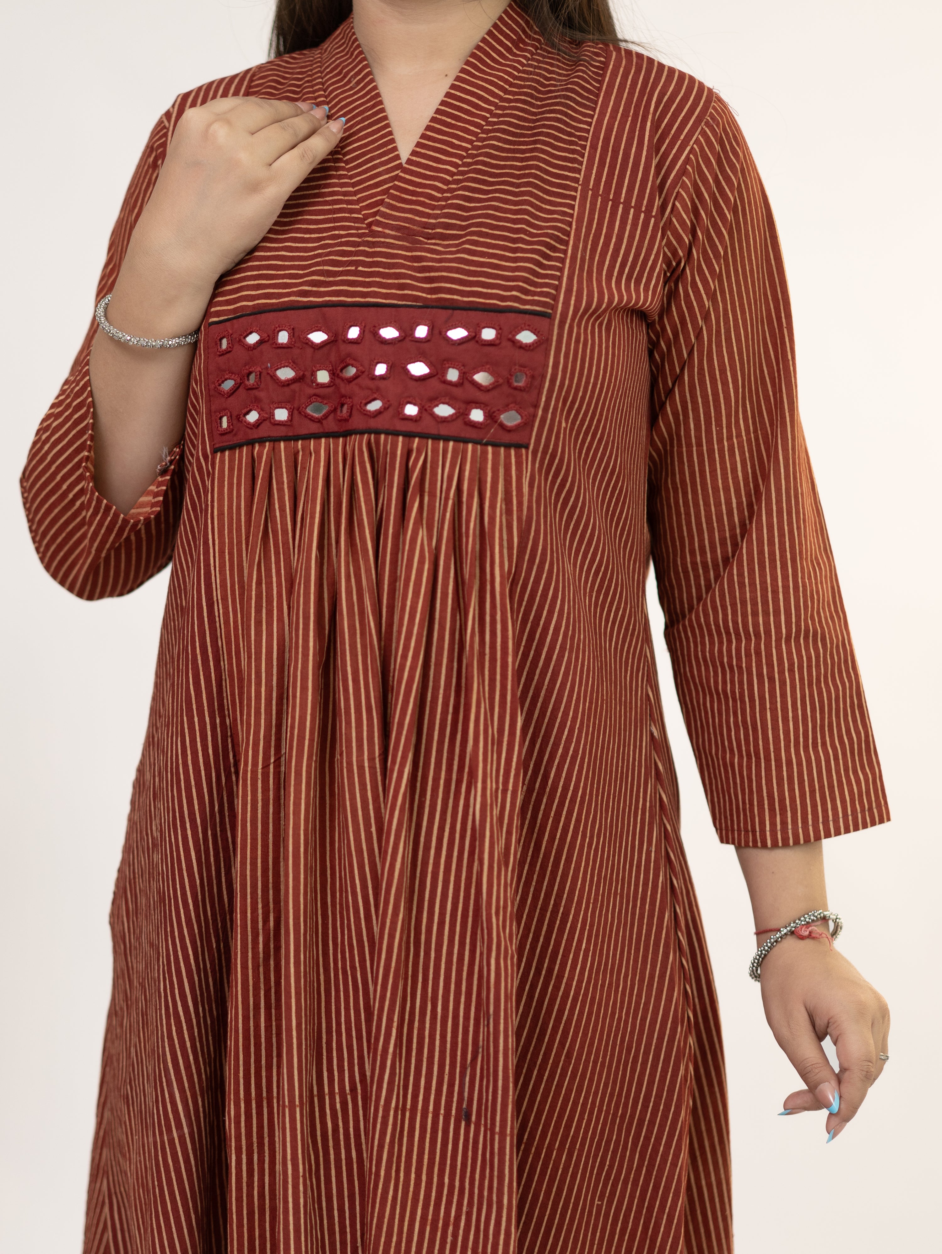 Girija Red Mul Cotton Strips Handblock Kutch Embroidered A-line Kurta