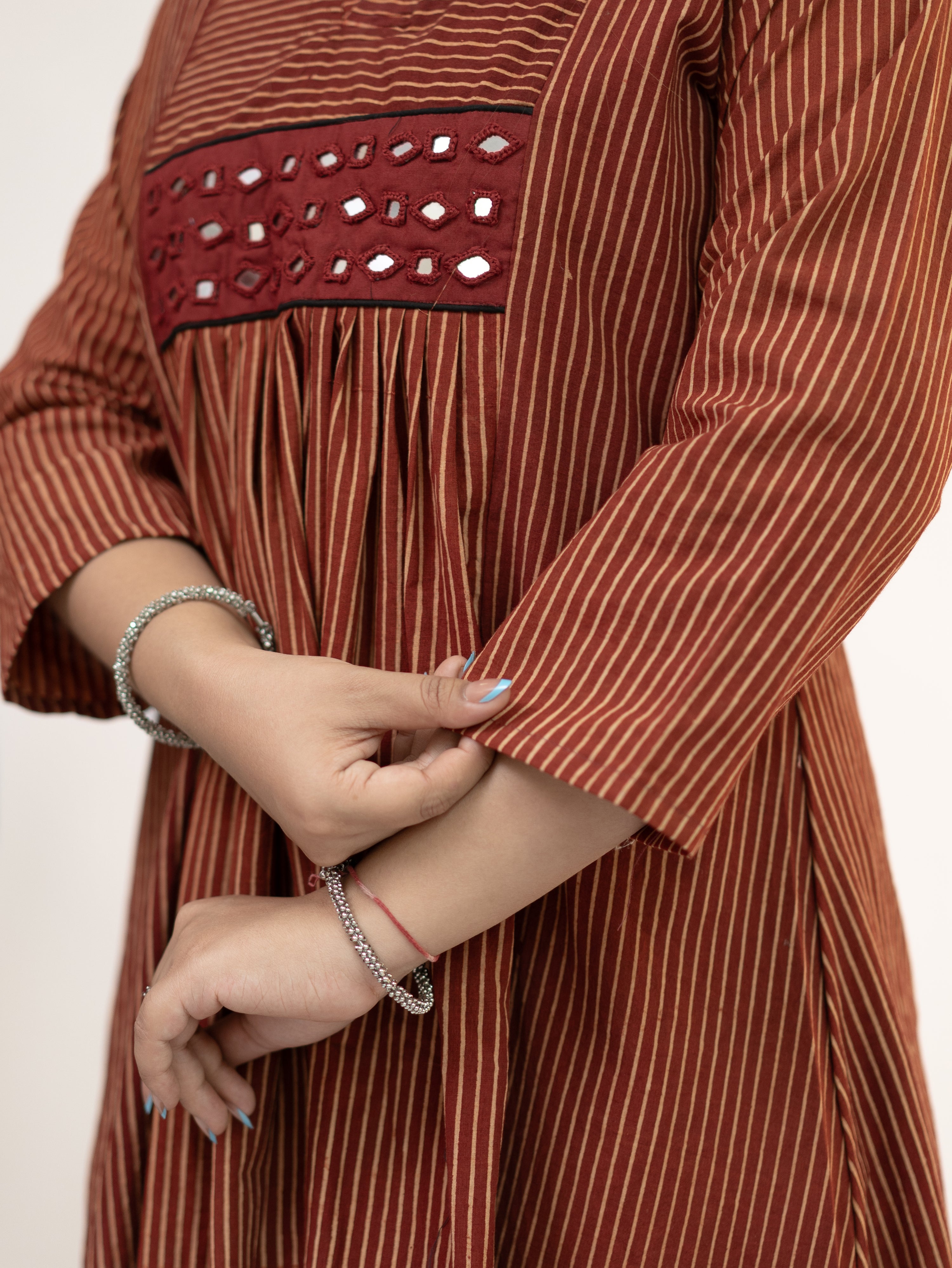 Girija Red Mul Cotton Strips Handblock Kutch Embroidered A-line Kurta