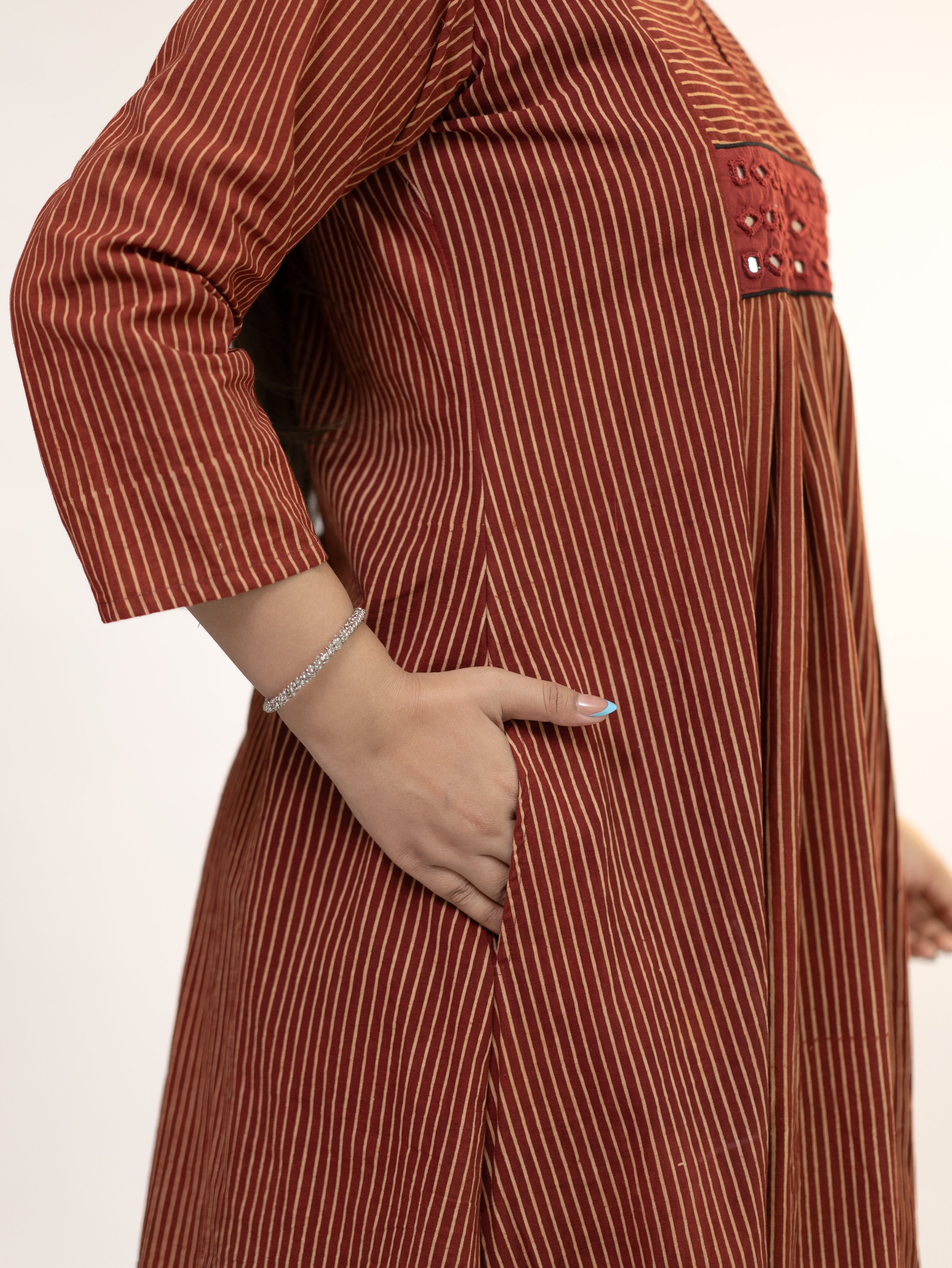 Girija Red Mul Cotton Strips Handblock Kutch Embroidered A-line Kurta