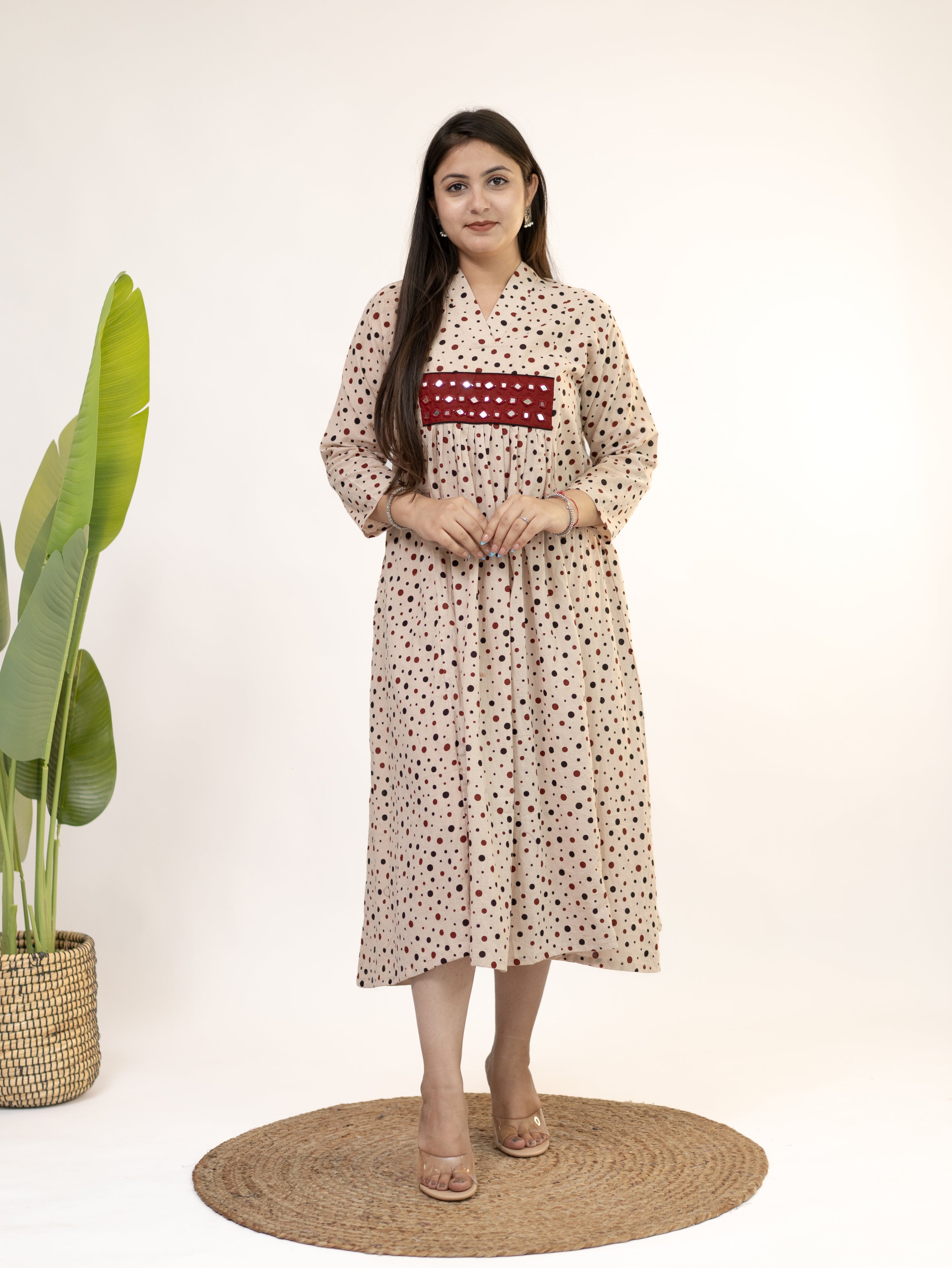 Bidhi Mul Cotton Offwhite Polka Handblock Kutch Embroidered A-line Kurta
