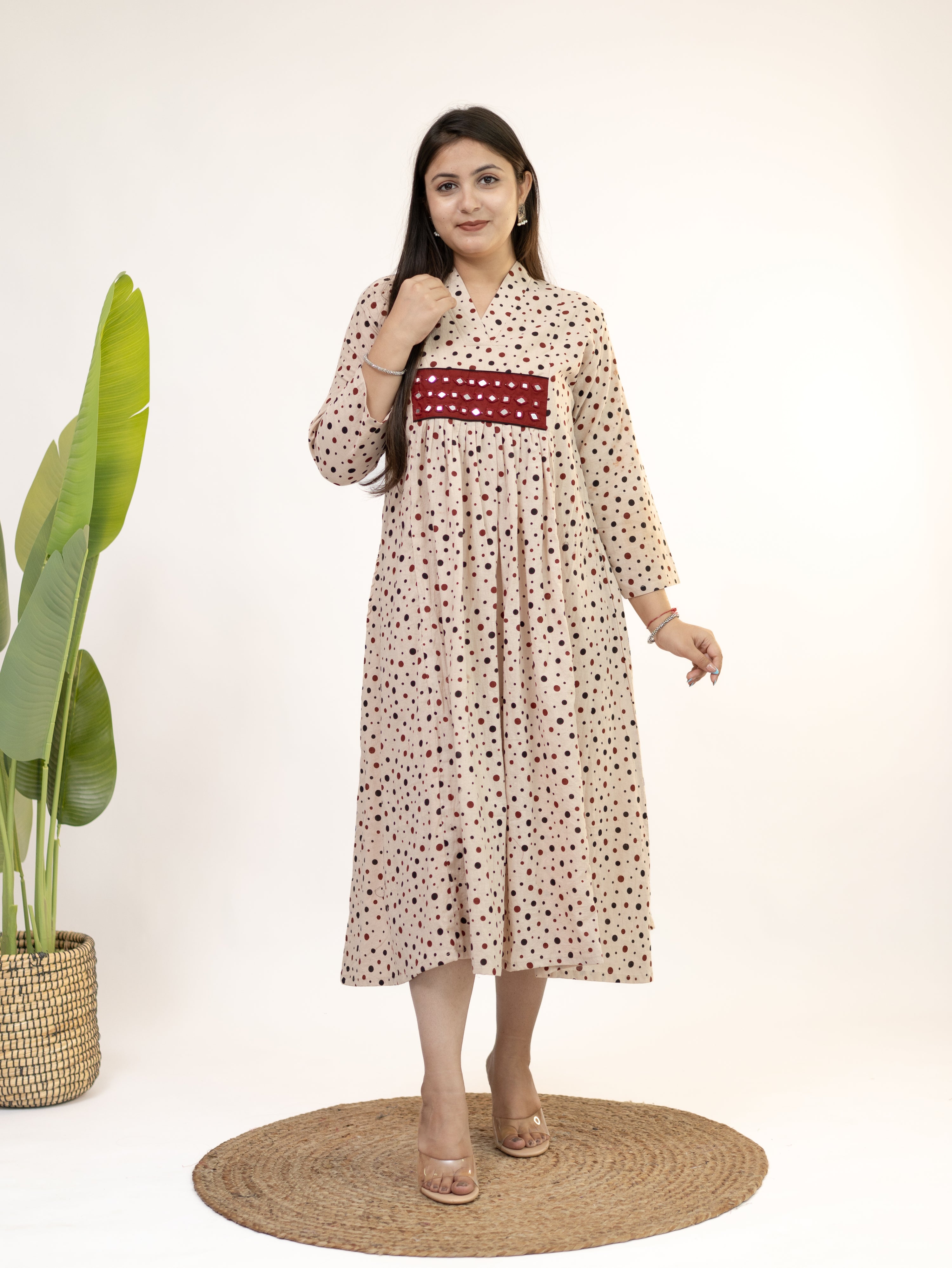 Bidhi Mul Cotton Offwhite Polka Handblock Kutch Embroidered A-line Kurta