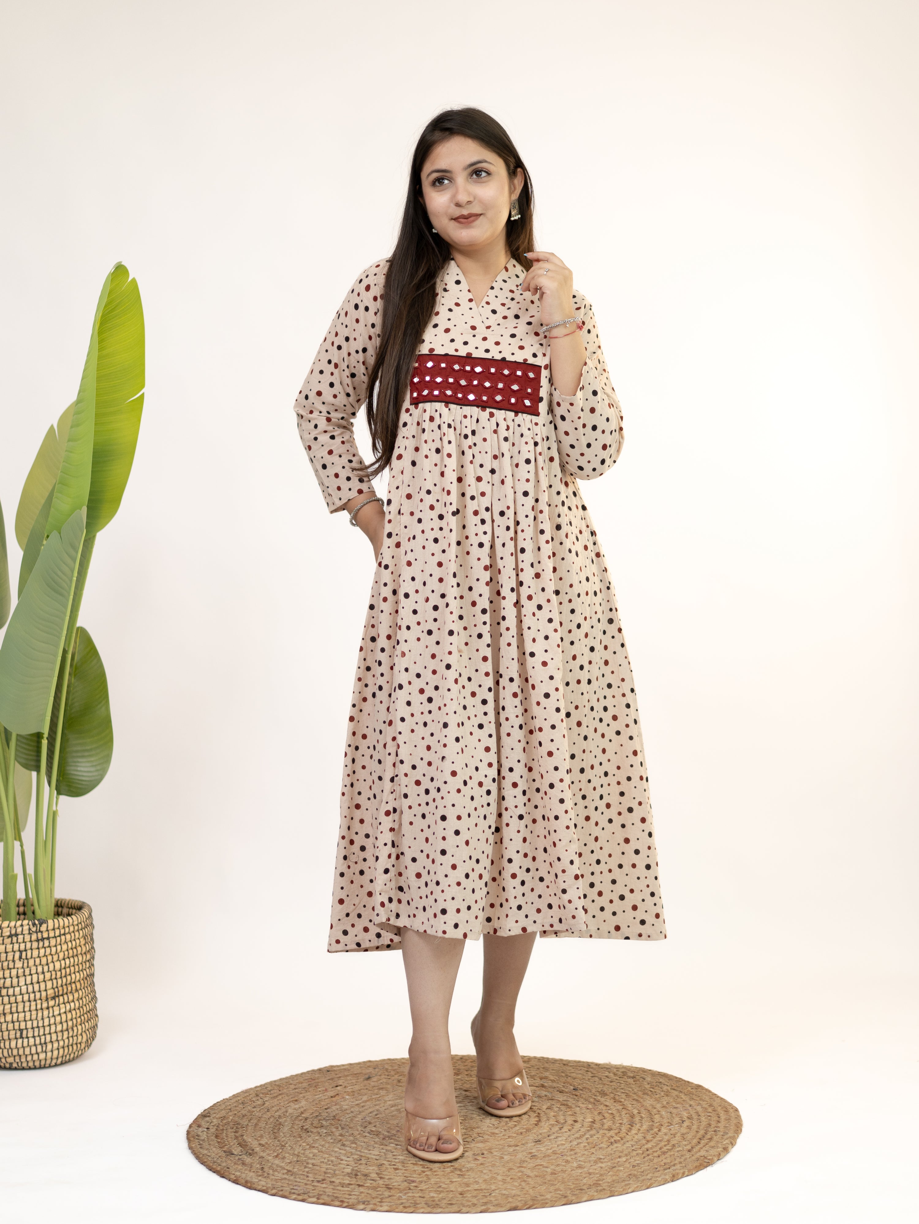 Bidhi Mul Cotton Offwhite Polka Handblock Kutch Embroidered A-line Kurta