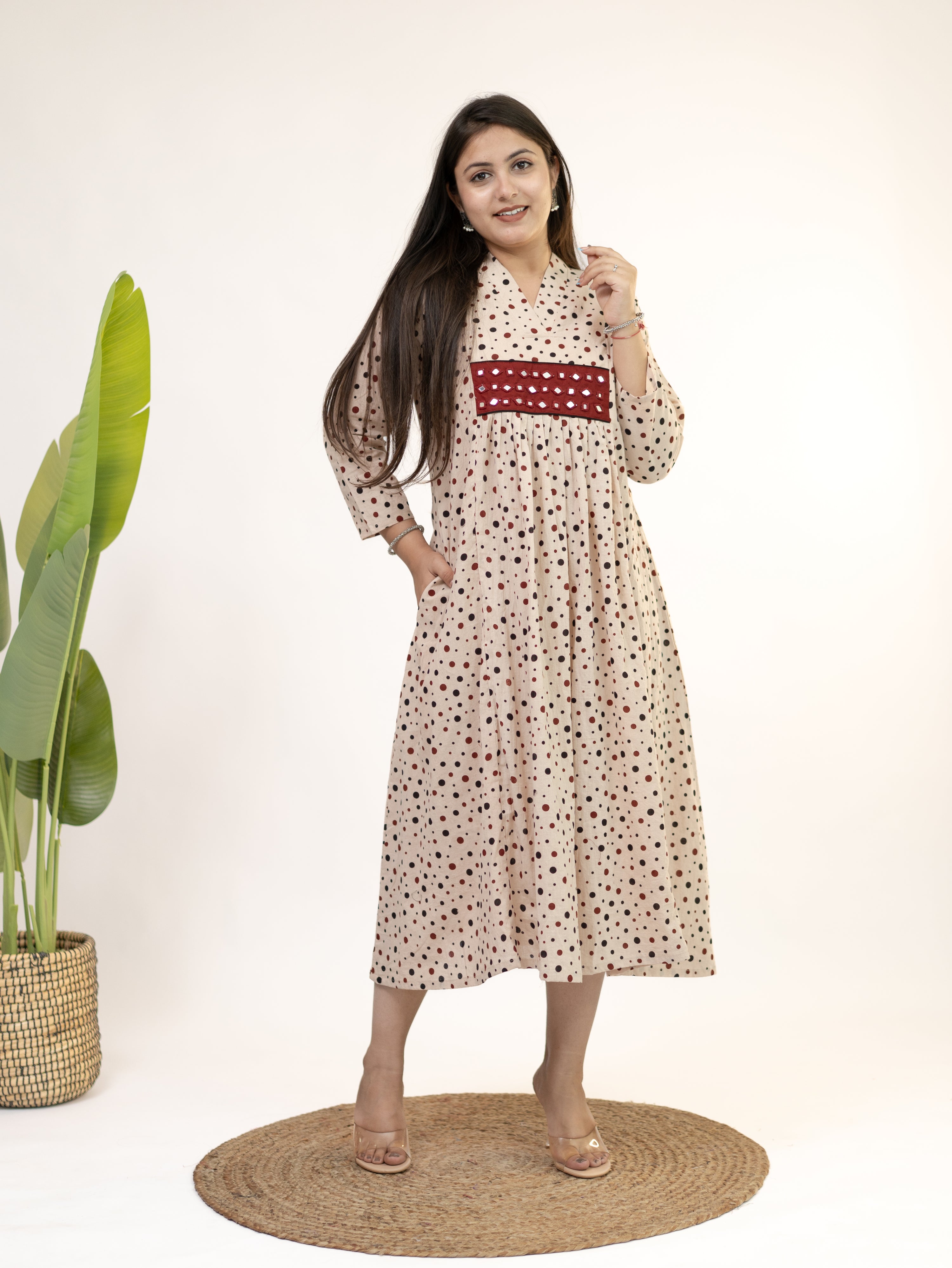 Bidhi Mul Cotton Offwhite Polka Handblock Kutch Embroidered A-line Kurta